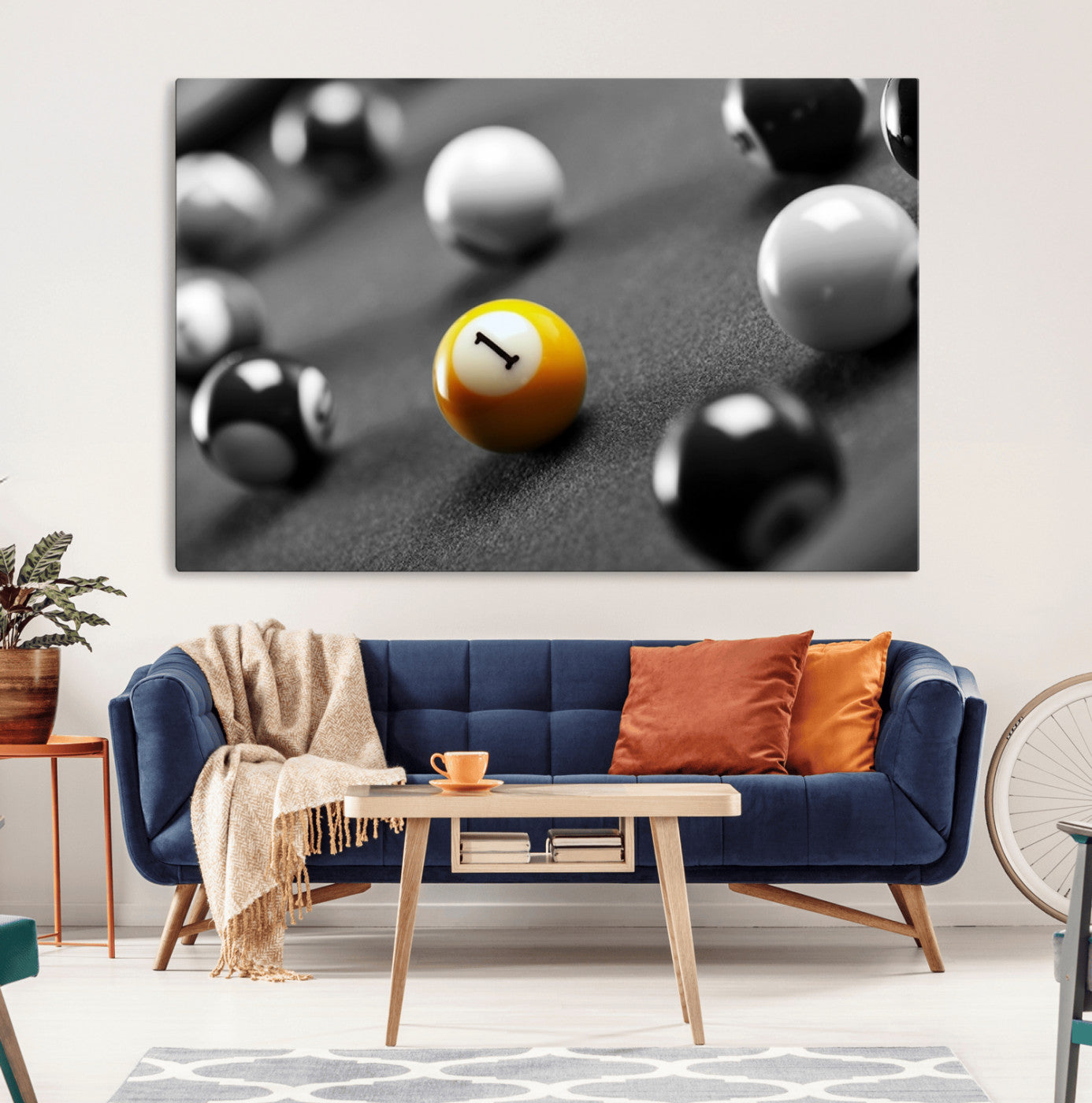52108-MGV-CV-36X24-Precision Pool Table Wall Art – Close Up Yellow 1 Ball Canvas Print, Hand-Played Billiards Game Decor for Office, Game Room, or