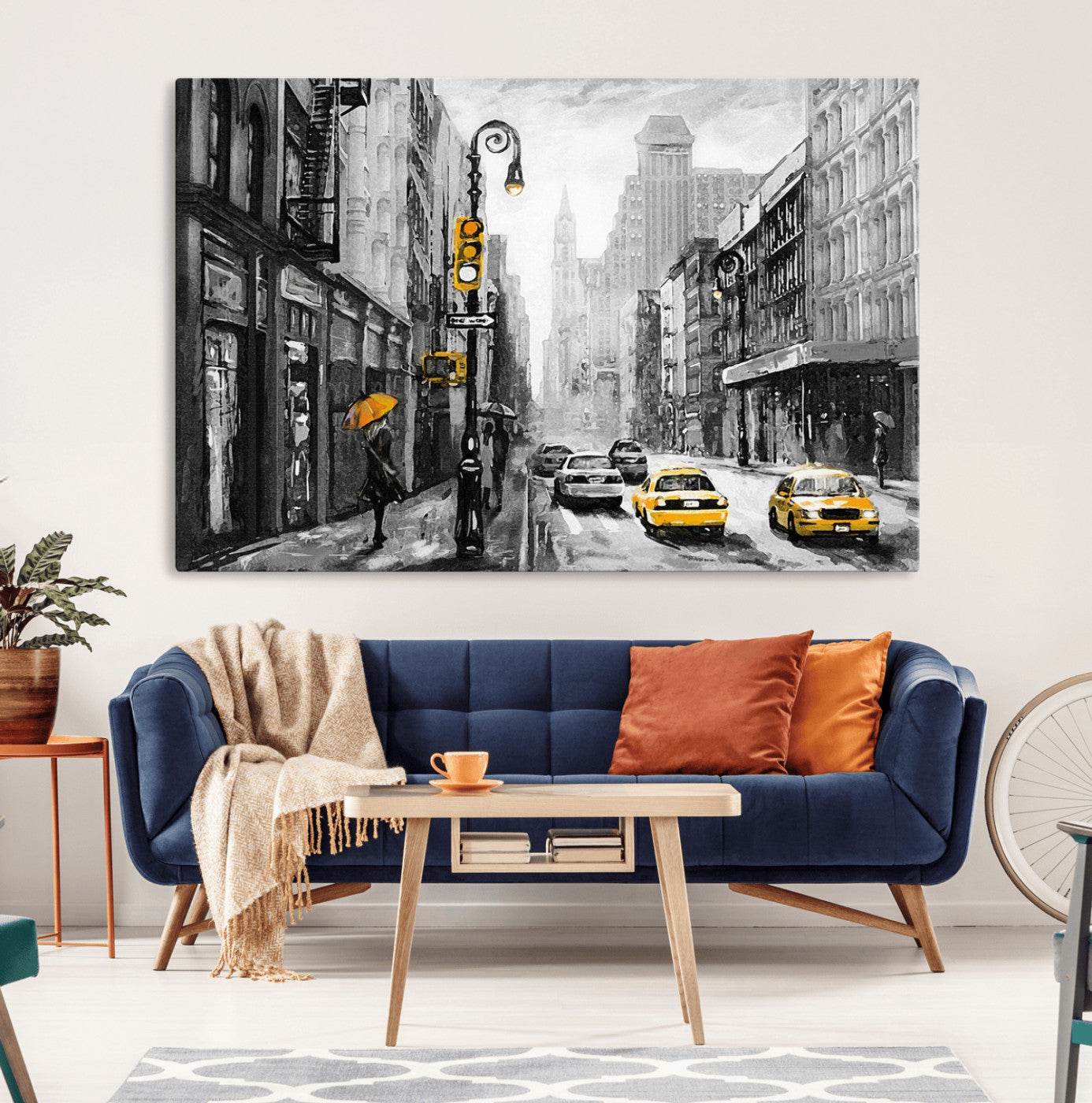 32362-MGV-CV-36X24-NYC Street Wall Art – Black and White Cityscape with Yellow Taxis and Umbrella Canvas Print, Urban Home Decor for Living Room or