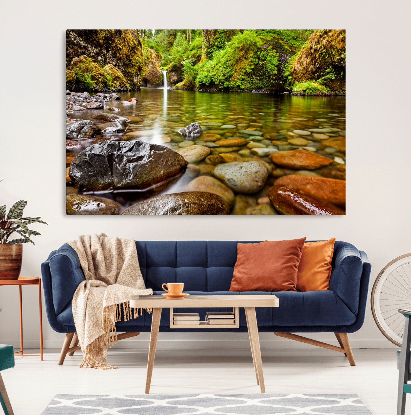 98096-MGV-CV-36X24-Serene River Waterfall Nature Photo – Calm Clear Water, Vibrant Green Forest and Smooth Stones Landscape Wall Art for Home or