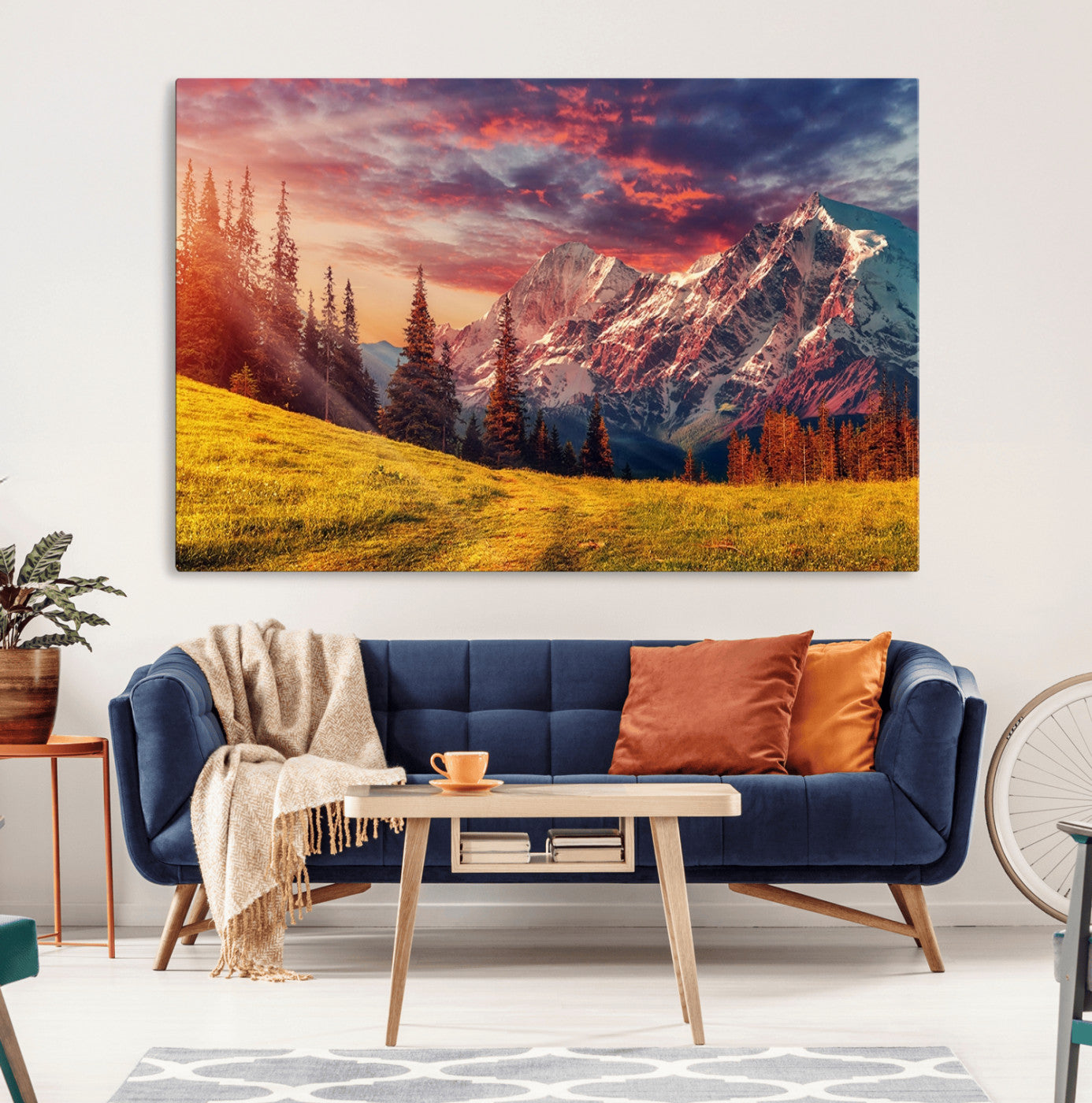 83947-MGV-CV-36X24-Sunset Mountain Landscape Wall Art – Panoramic Alpine Meadow and Snow Capped Peaks Canvas Print, Nature Scenic Decor for Home,