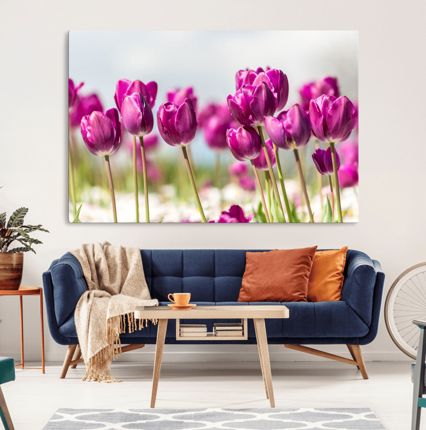 30632-MGV-CV-36X24-Purple Tulip Field Wall Art – Beautiful Spring Flowers Canvas Print with Soft Focus and Bright Sky, Ideal Floral Decor for Home or