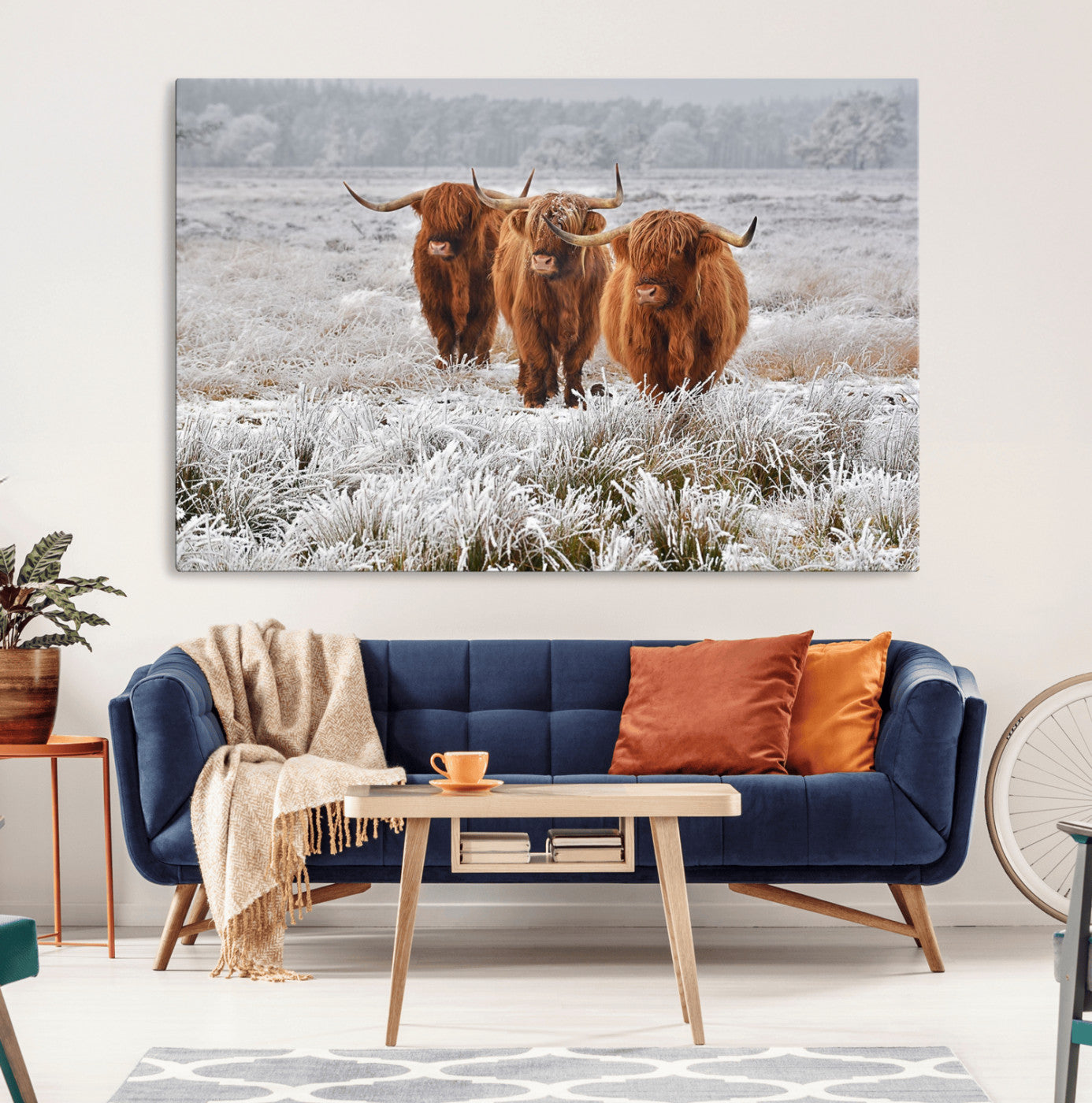 10396-MGV-CV-36X24-Highland Cattle Wall Art – Rustic Winter Landscape Canvas Print, Farmhouse Decor for Living Room, Office, Cabin or Country Home