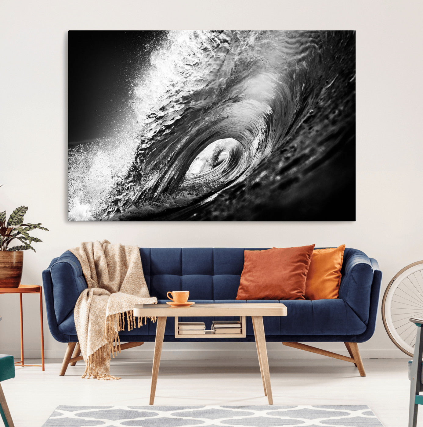 22702-MGV-CV-36X24-Black and White Ocean Wave Wall Art – Powerful Surf Curl Photography Canvas Print, Modern Coastal Decor for Living Room, Office or