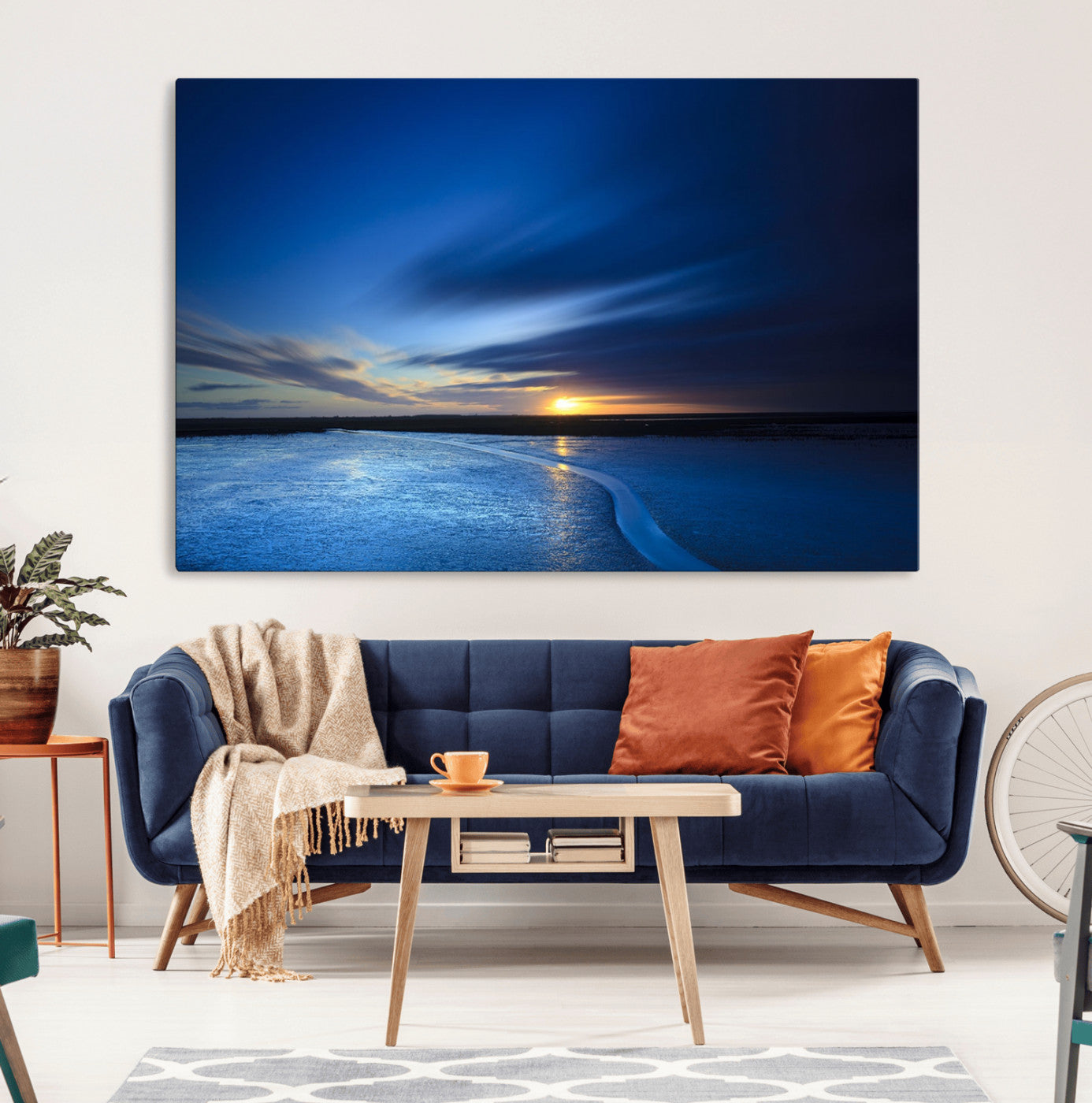 65405-MGV-CV-36X24-Blue Sunrise Seascape Wall Art – Tranquil Ocean Horizon Canvas Print with Golden Sunlight and Deep Sky, Coastal Landscape Decor