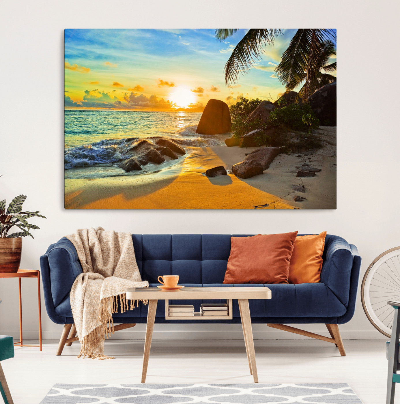 26181-MGV-CV-36X24-Golden Tropical Sunset Beach Wall Art – Ocean Canvas Print with Palm Trees and Rocks, Coastal Paradise Decor for Living Room or