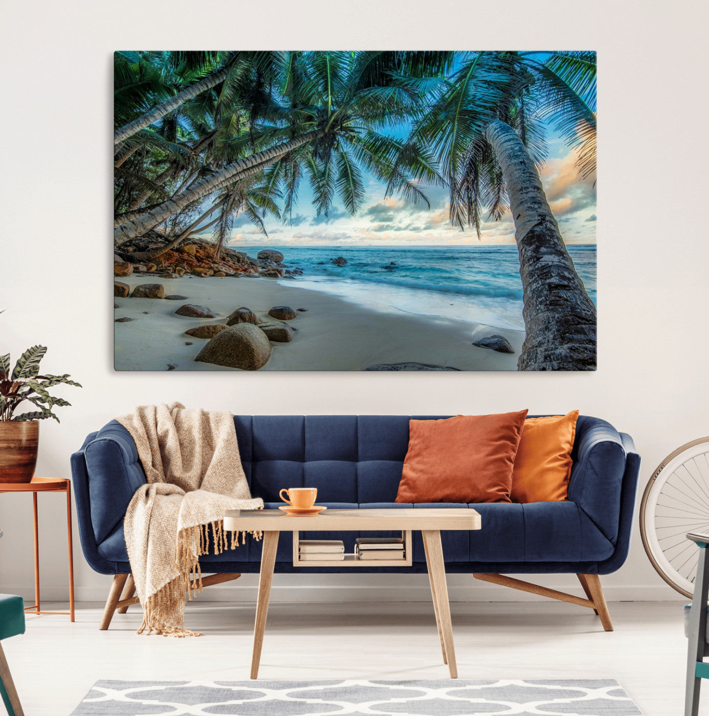 39679-MGV-CV-36X24-Tropical Palm Beach Wall Art – Serene Ocean Canvas Print with Palm Trees and Rocks, Coastal Paradise Decor for Living Room or