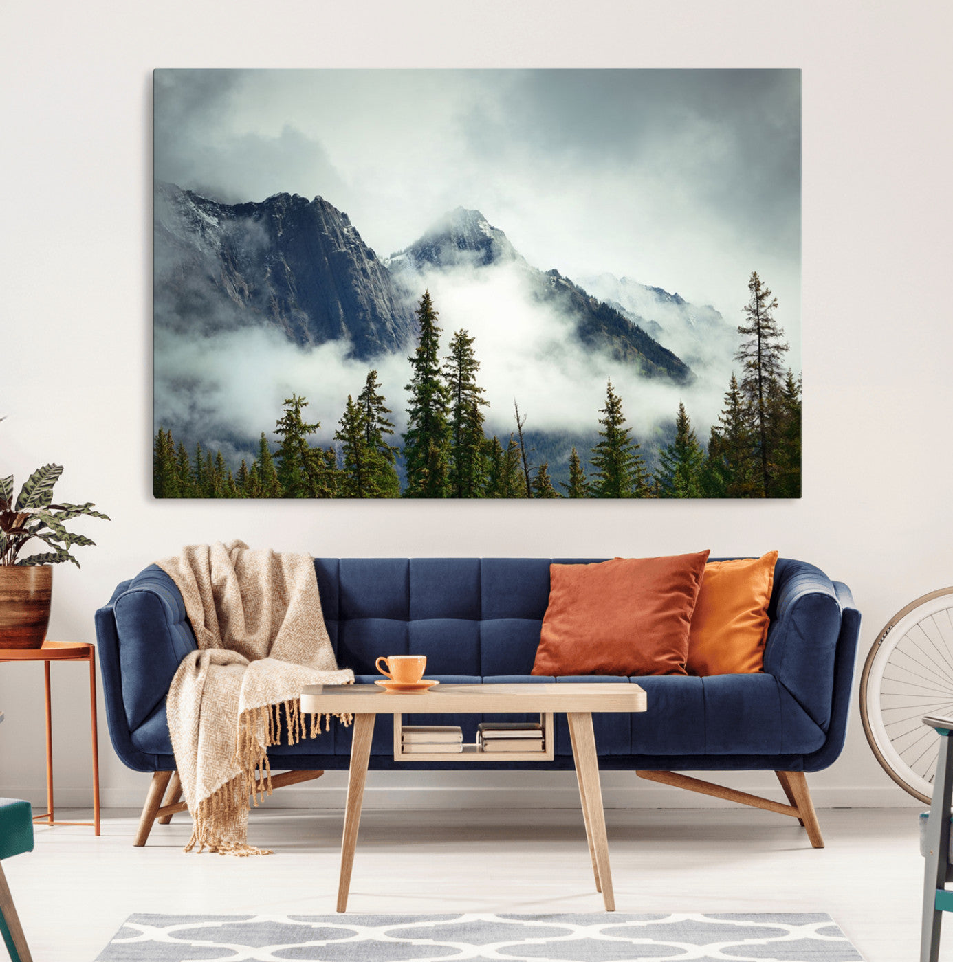 93219-MGV-CV-36X24-Misty Mountain Wall Art – Foggy Pines and Rocky Peaks Canvas Print, Nature Landscape Decor for Living Room, Office or Bedroom