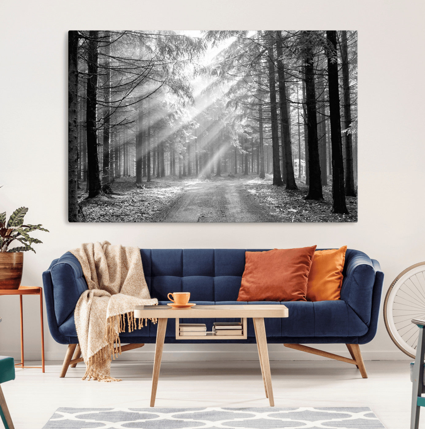 39665-MGV-CV-36X24-Black and White Forest Path Wall Art – Sunlight Rays in Trees Canvas Print, Nature Landscape Decor for Living Room or Office