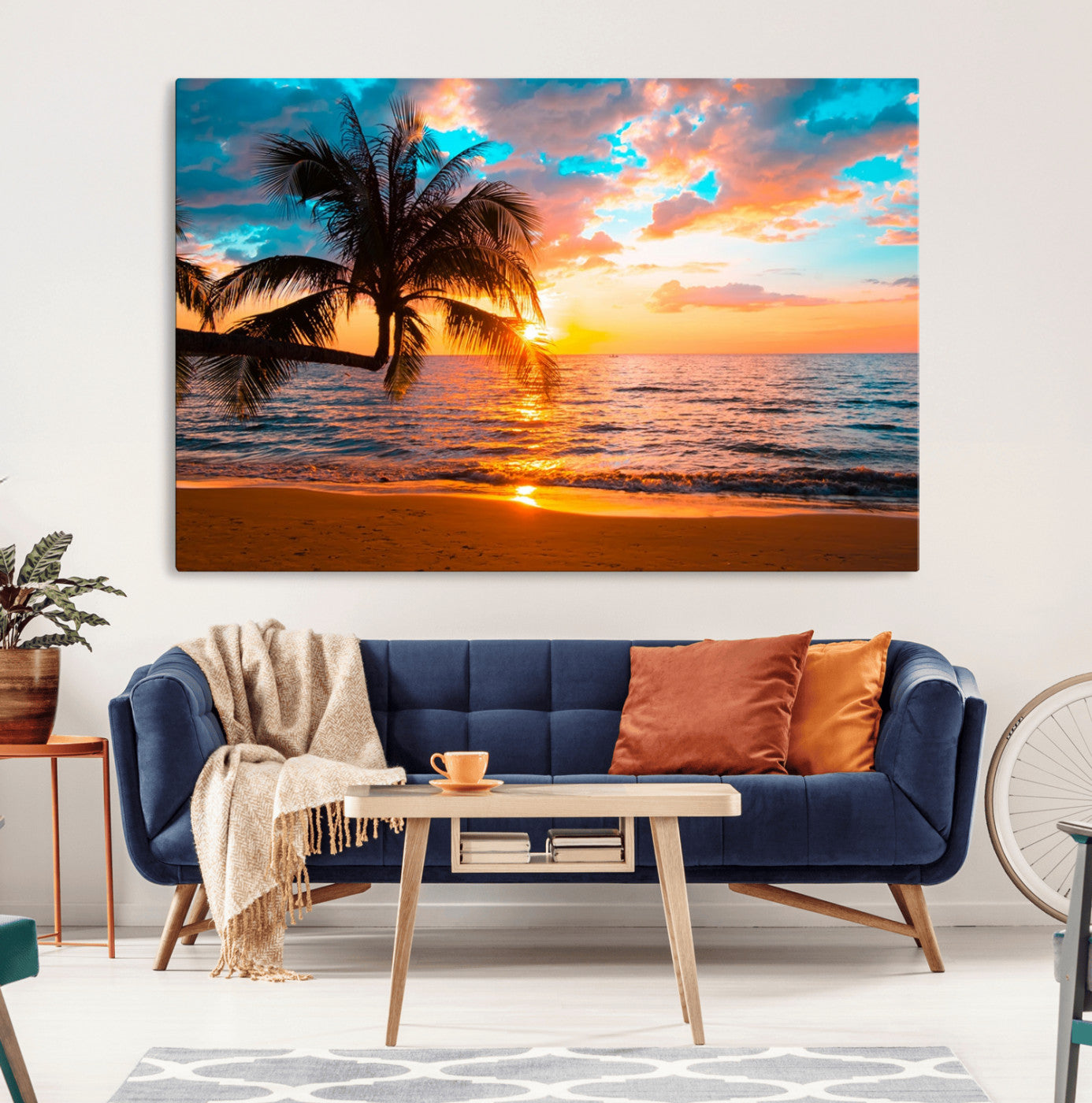 34674-MGV-CV-36X24-Tropical Sunset Beach Wall Art – Palm Tree Ocean Canvas Print, Coastal Seascape Decor for Living Room or Office Wall