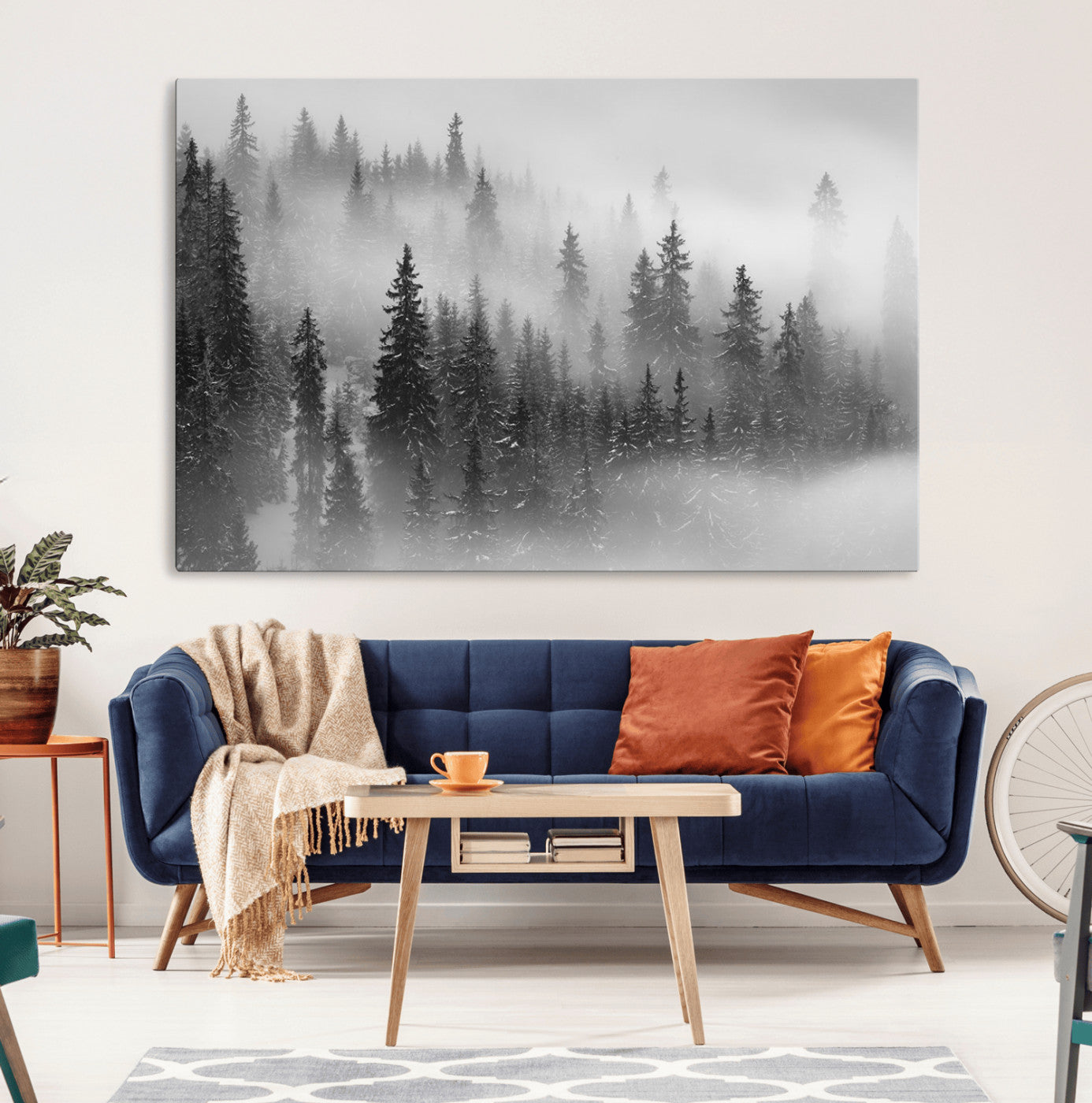 57235-MGV-CV-36X24-Misty Pine Forest Wall Art – Black and White Mountain Landscape Canvas Print, Nature Woodland Decor for Living Room, Bedroom or