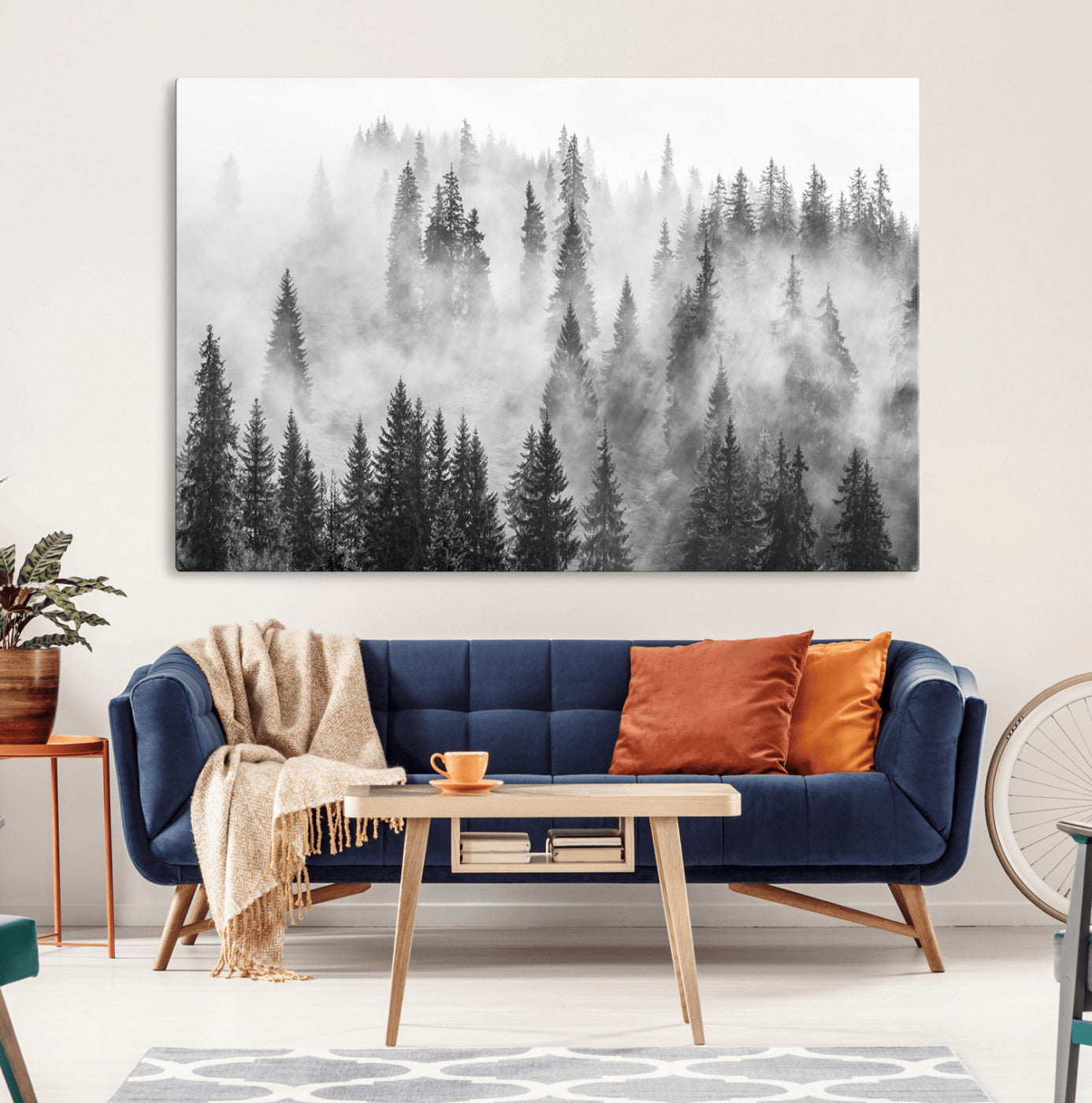 10422-MGV-CV-36X24-Misty Pine Forest Wall Art – Black and White Foggy Landscape Canvas Print, Serene Nature Woodland Decor for Bedroom, Office or