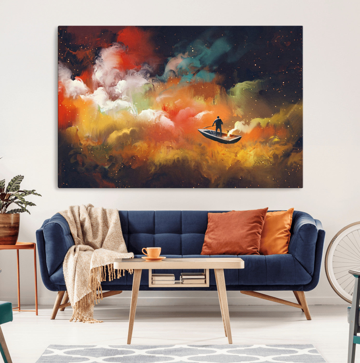 45085-MGV-CV-36X24-Surreal Cosmic Wall Art – Abstract Galaxy Dreamscape Canvas Print with Man and Dog in Boat, Fantasy Nebula Painting for Living