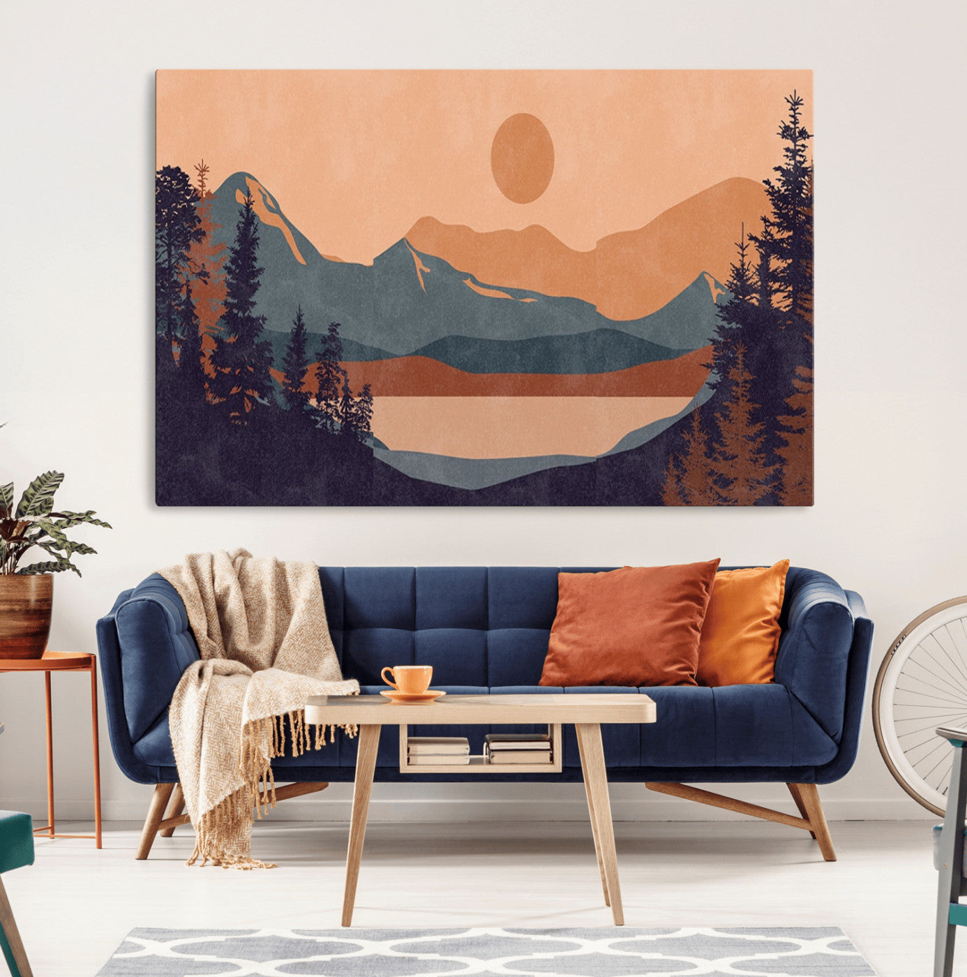 62795-MGV-CV-36X24-Minimalist Mountain Landscape Wall Art – Abstract Sunset Over Peaks and Pine Trees Canvas Print, Modern Nature Decor for Living