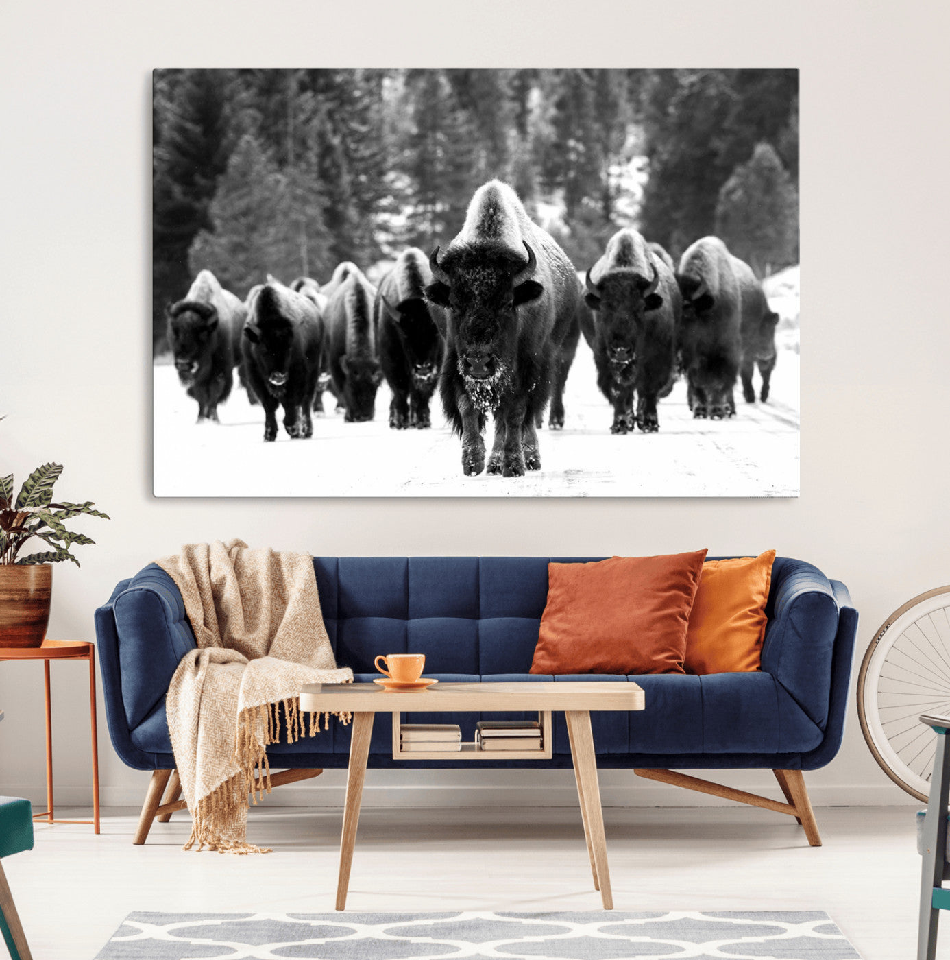 62434-MGV-CV-36X24-Bison Herd Wall Art – Majestic Black and White Buffalo Canvas Print, Wildlife Nature Photography Decor for Living Room, Office or