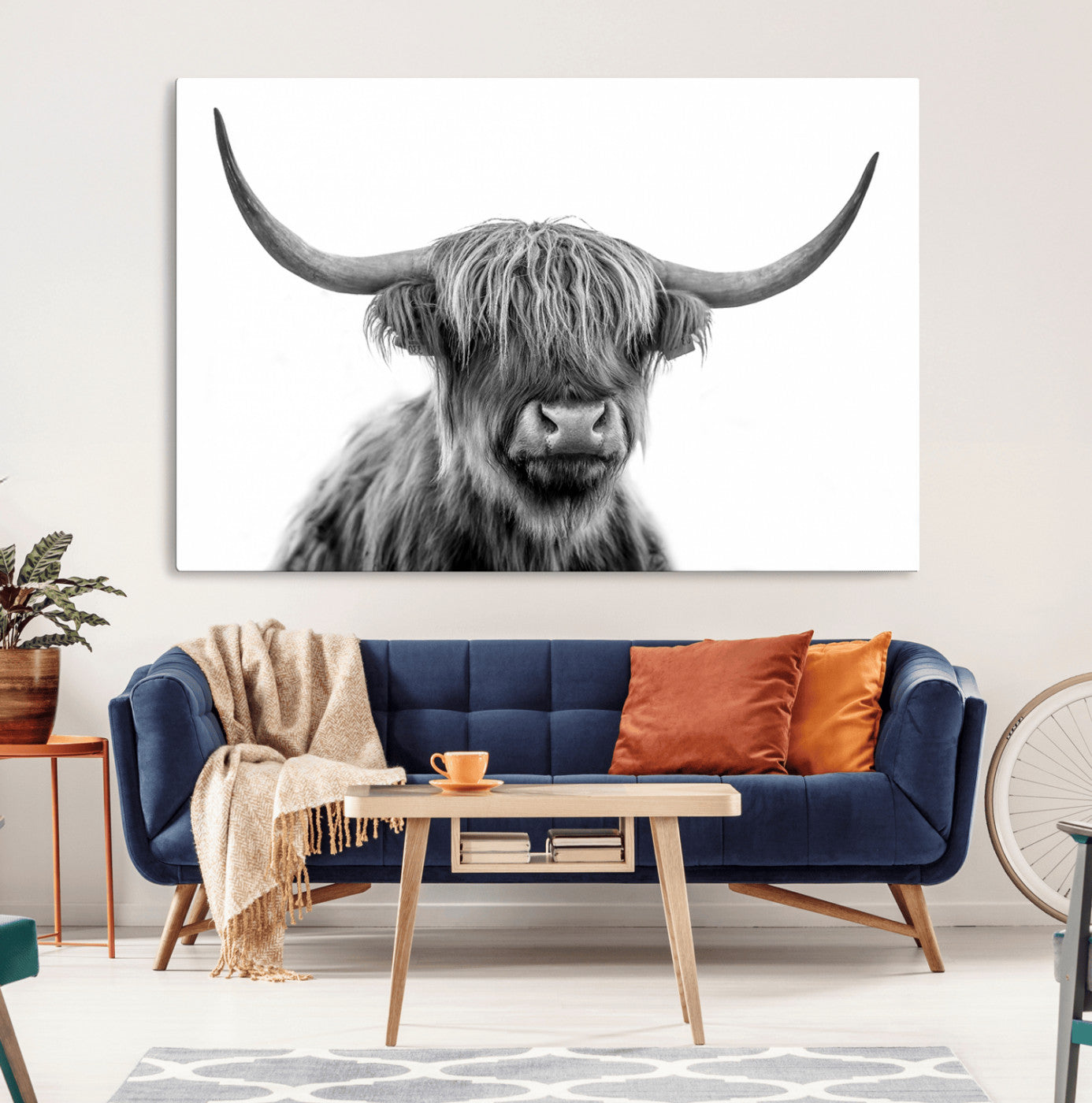 10123-MGV-CV-36X24-Black and White Highland Cow Wall Art – Modern Farmhouse Animal Print, Rustic Scottish Bull Canvas Decor for Living Room, Bedroom,