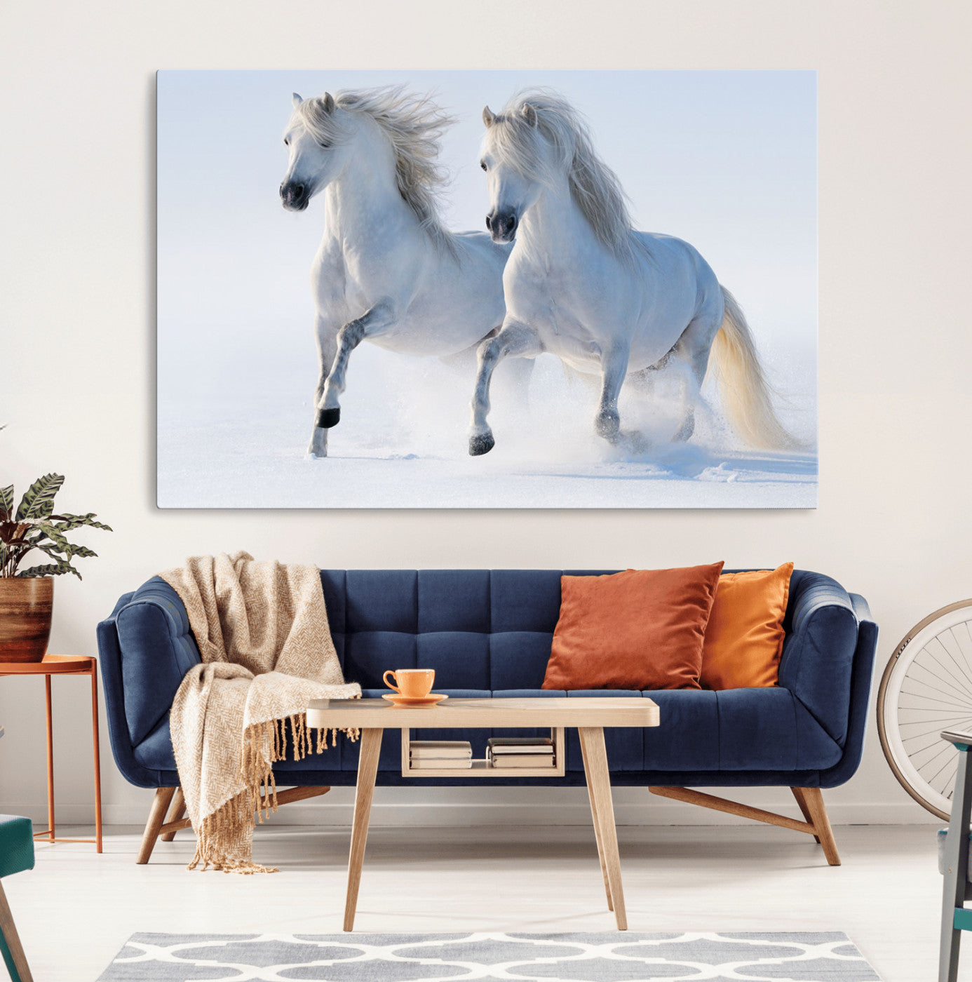 80145-MGV-CV-36X24-White Horses Running Snow Wall Art – Majestic Equine Canvas Print, Winter Nature Photography Decor for Living Room, Office,