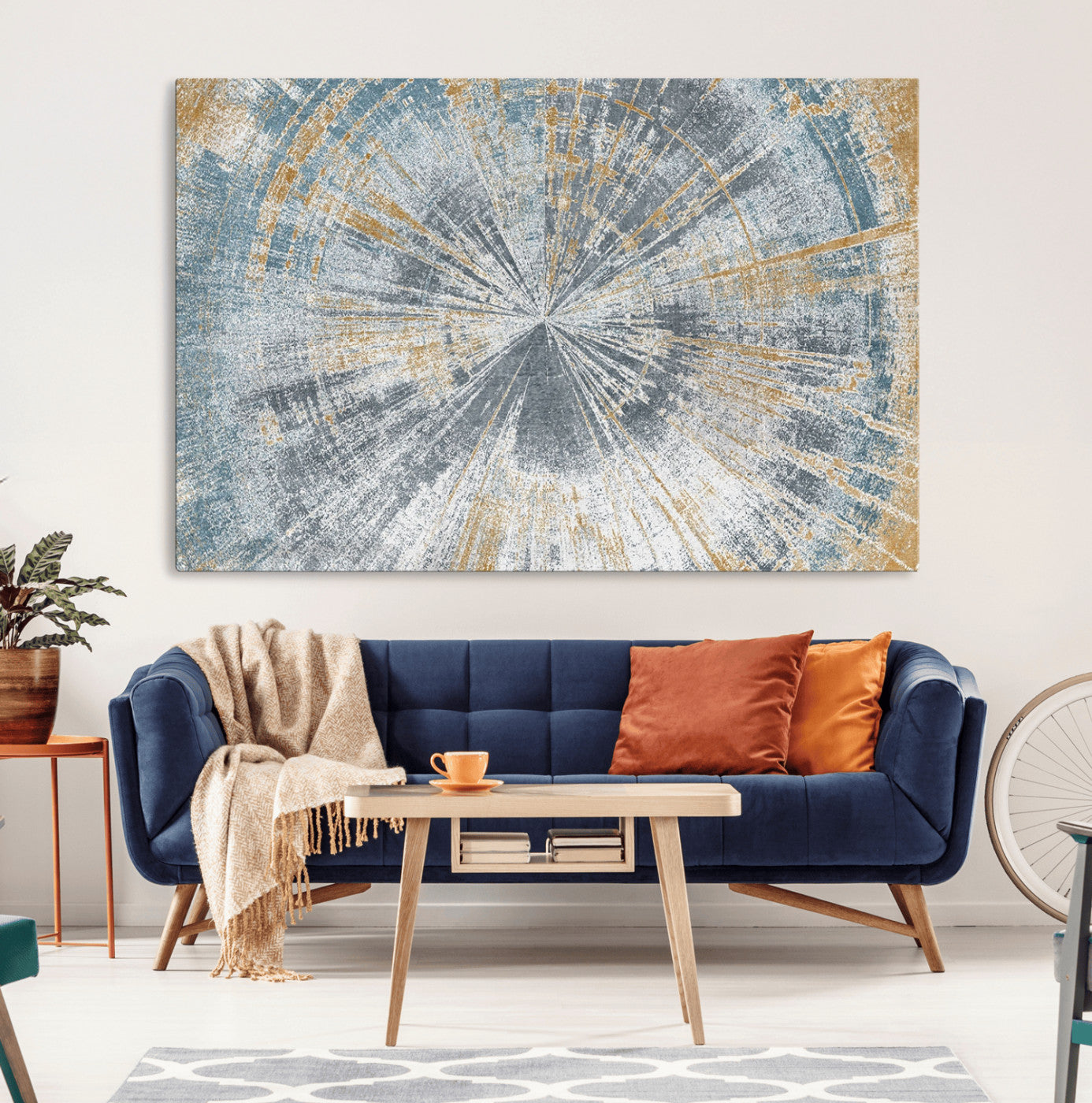 17631-MGV-CV-36X24-Radiant Burst Wall Art – Abstract Sunburst Canvas Print in Blue and Gold, Modern Geometric Painting for Living Room, Office or