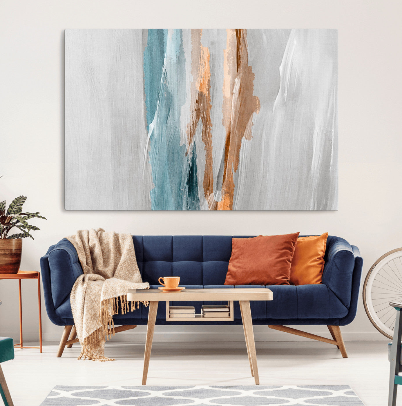 66154-MGV-CV-36X24-Abstract Brushstroke Wall Art – Modern Teal and Gold Canvas Print, Minimalist Contemporary Painting for Living Room, Bedroom, or