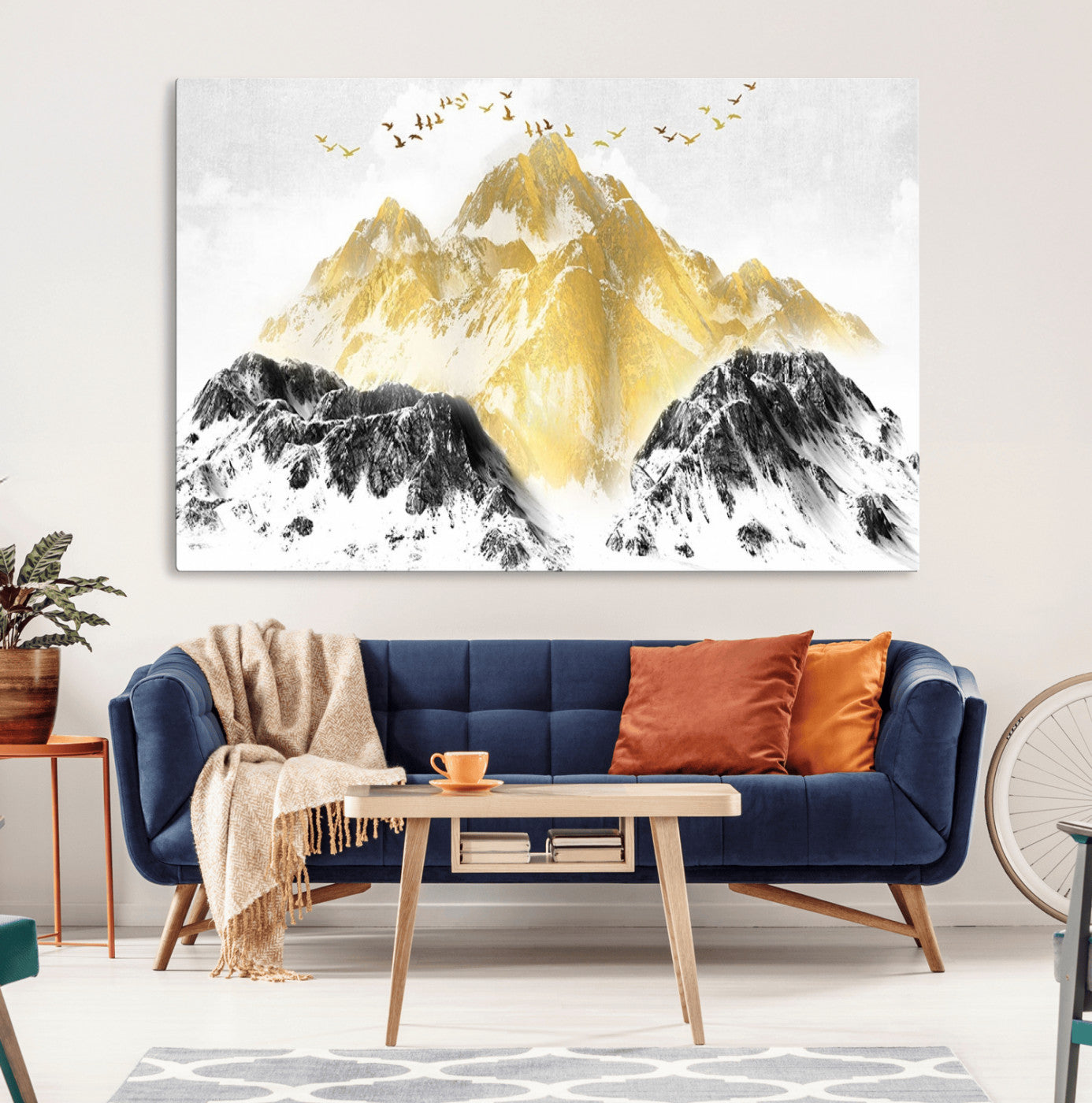 37733-MGV-CV-36X24-Golden Mountain Wall Art – Modern Abstract Landscape Canvas Print with Birds, Luxury Nature Decor for Living Room, Bedroom, or