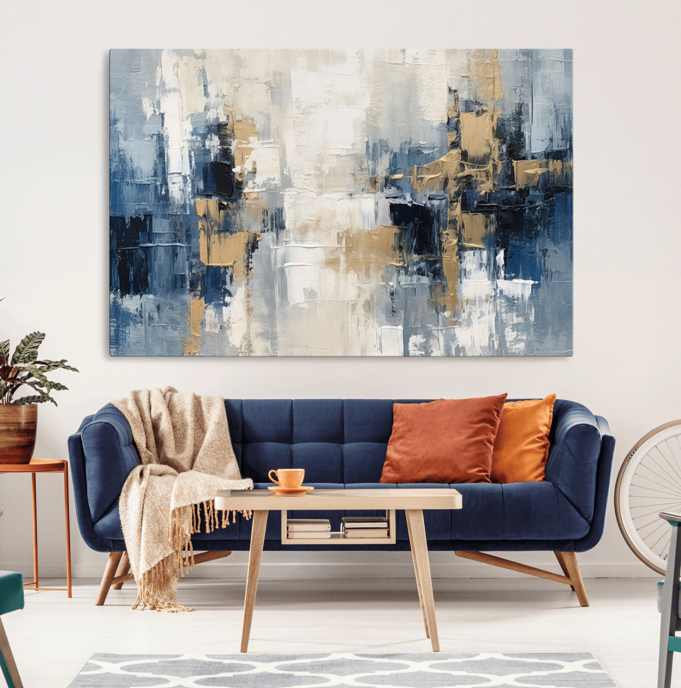 44344-MGV-CV-36X24-Abstract Blue and Gold Wall Art – Modern Hand Painted Canvas Print, Contemporary Textured Painting for Living Room, Bedroom or