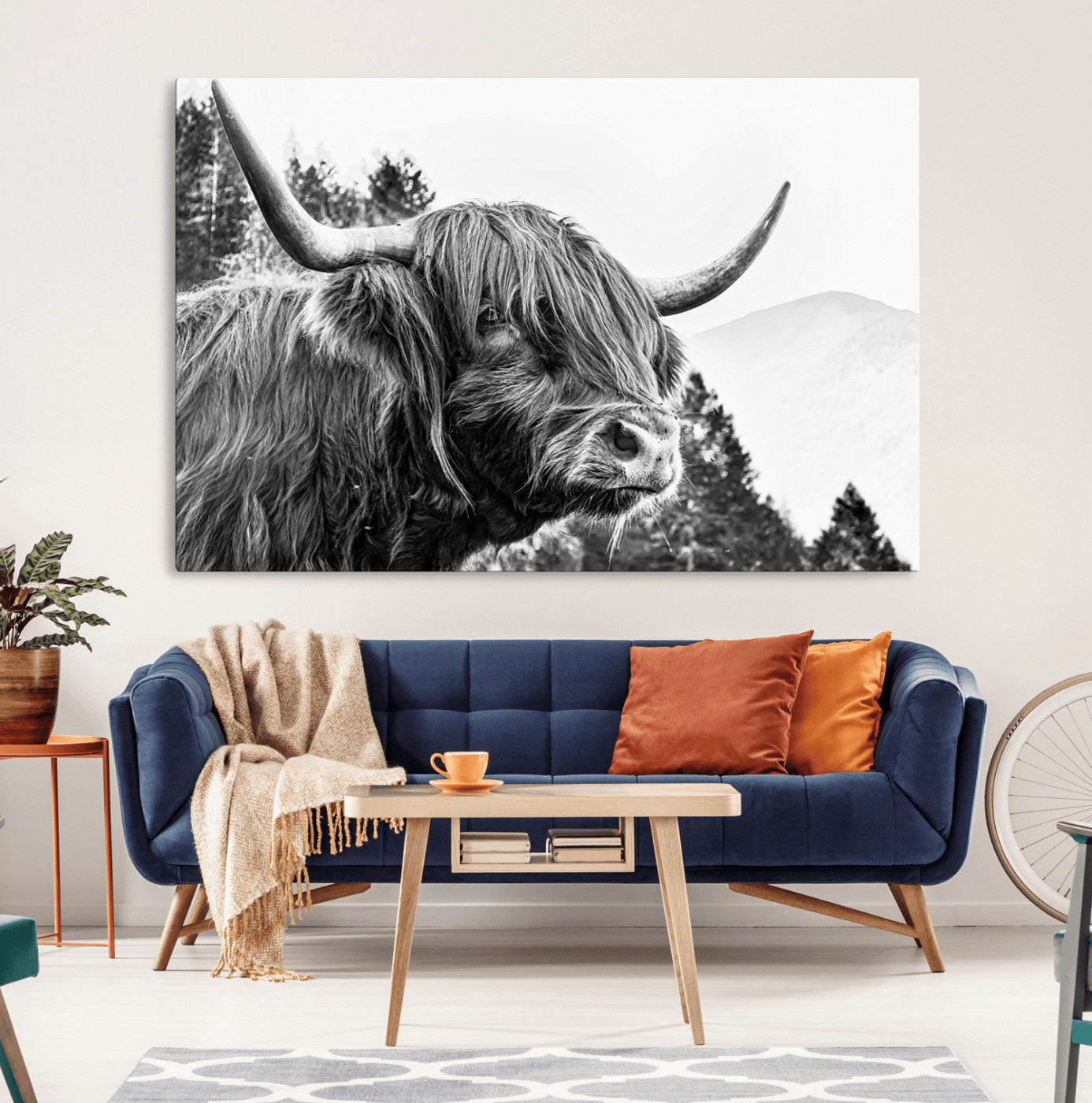 61570-MGV-CV-36X24-Highland Cow Wall Art – Black and White Scottish Bull Canvas Print, Rustic Farmhouse Animal Decor for Living Room, Bedroom, or