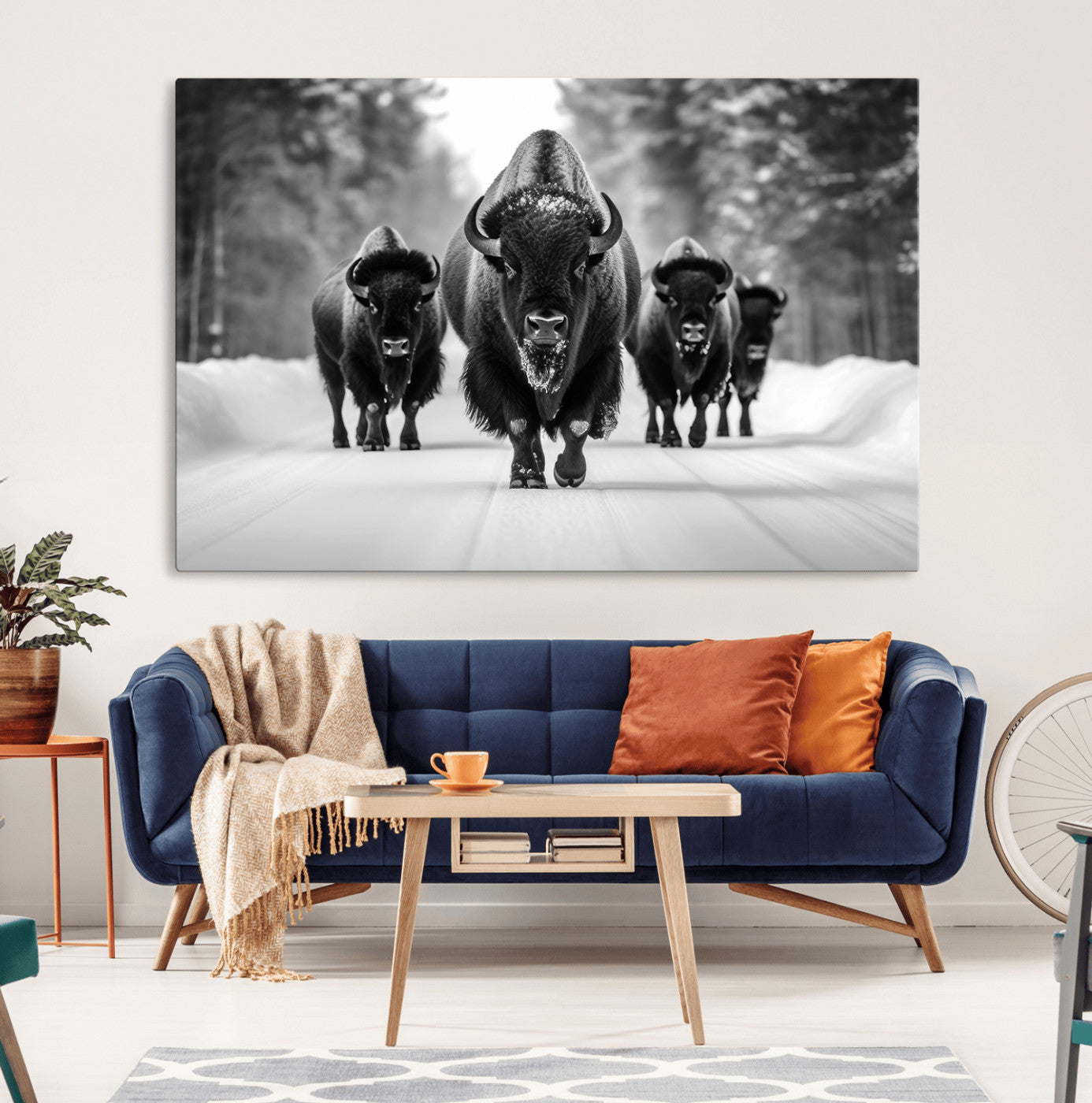 45287-MGV-CV-36X24-Bison Herd Wall Art – Black and White Buffalo Snow Road Canvas Print, Rustic Wildlife Decor for Cabin, Lodge or Living Room