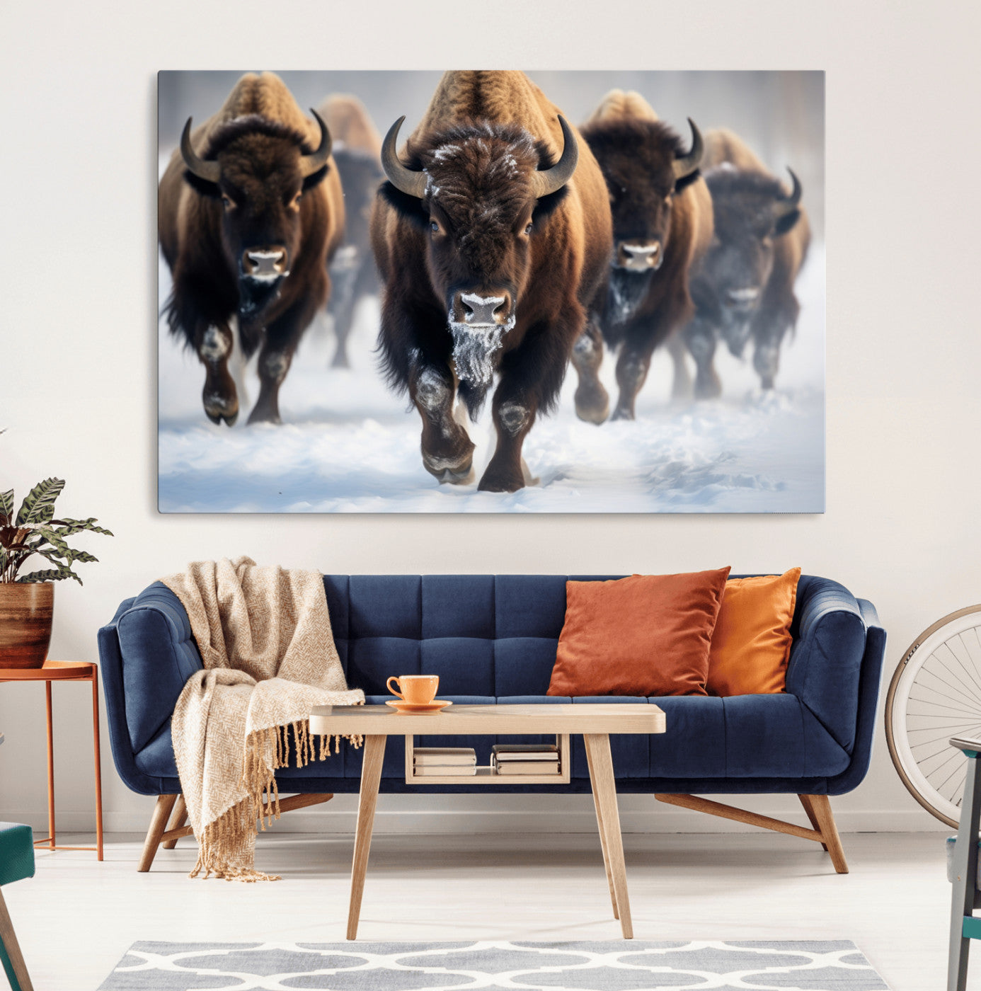 80512-MGV-CV-36X24-Bison Herd Wall Art – Buffalo Running in Snow Canvas Print, Rustic Wildlife Photography Decor for Cabin, Lodge, or Living Room