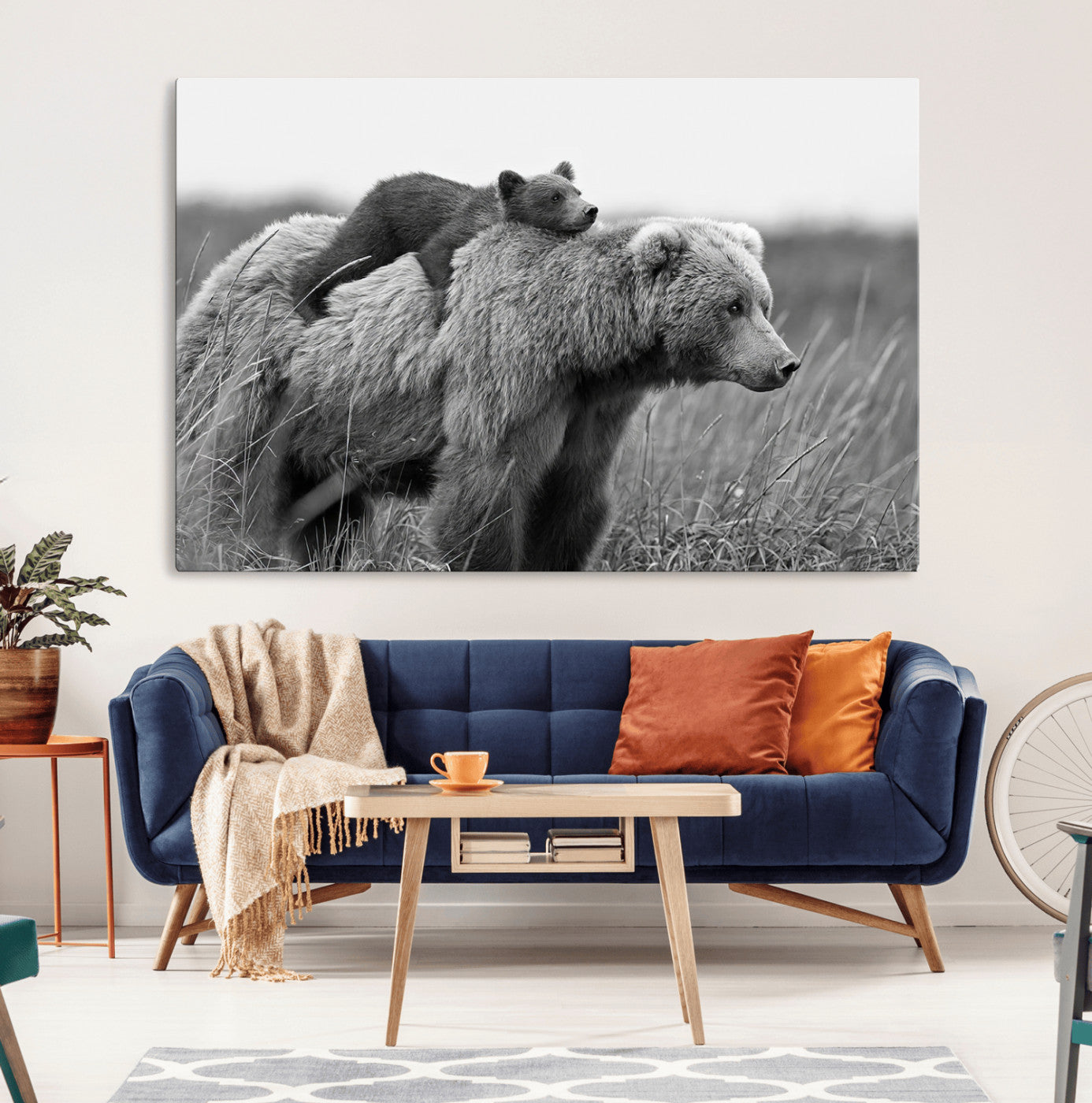 76338-MGV-CV-36X24-Mother Bear and Cub Wall Art – Black and White Wildlife Canvas Print, Rustic Nature Photography for Cabin, Living Room or Office