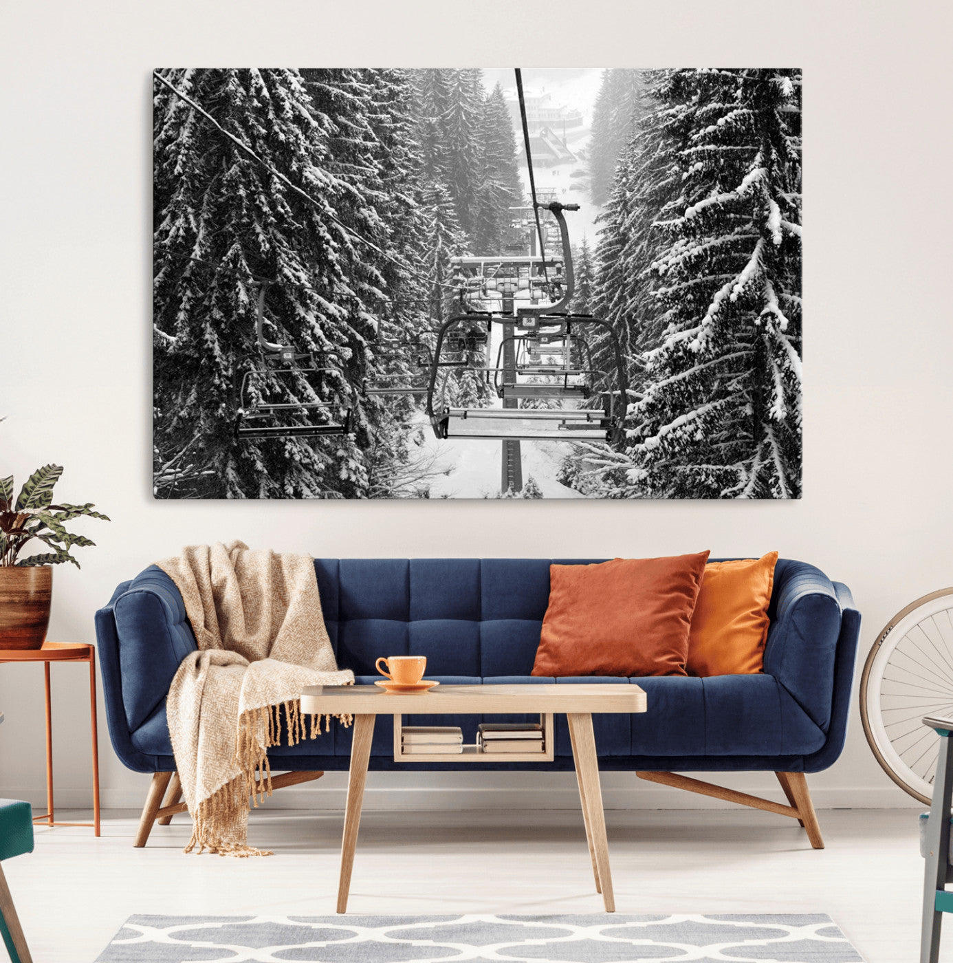 19240-MGV-CV-36X24-Ski Lift Wall Art – Black and White Winter Mountain Canvas Print, Snowy Forest Ski Resort Photography for Cabin, Lodge, Office or