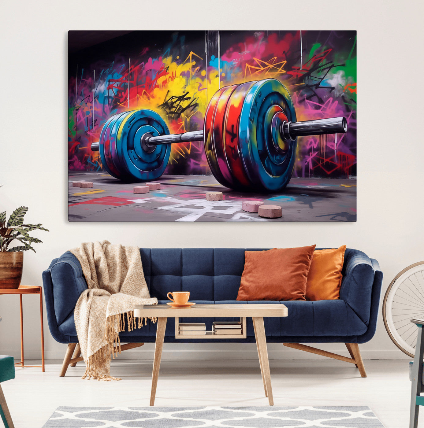 13549-MGV-CV-36X24-Graffiti Gym Wall Art Canvas Print, Framed Graffiti Barbell Art Picture Print, Weightlifting Perfect Fitness Studio Decor Artwork