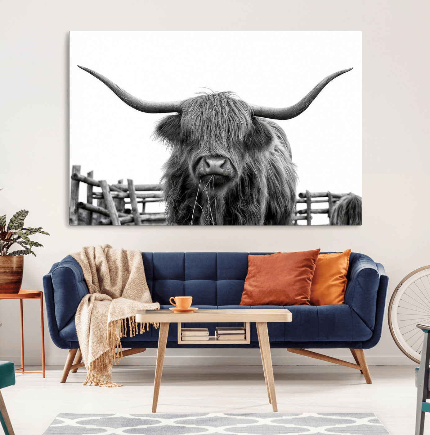 58188-MGV-CV-36X24-Highland Cow Wall Art – Black and White Rustic Farmhouse Canvas Print, Longhorn Cattle Photography Decor for Living Room or