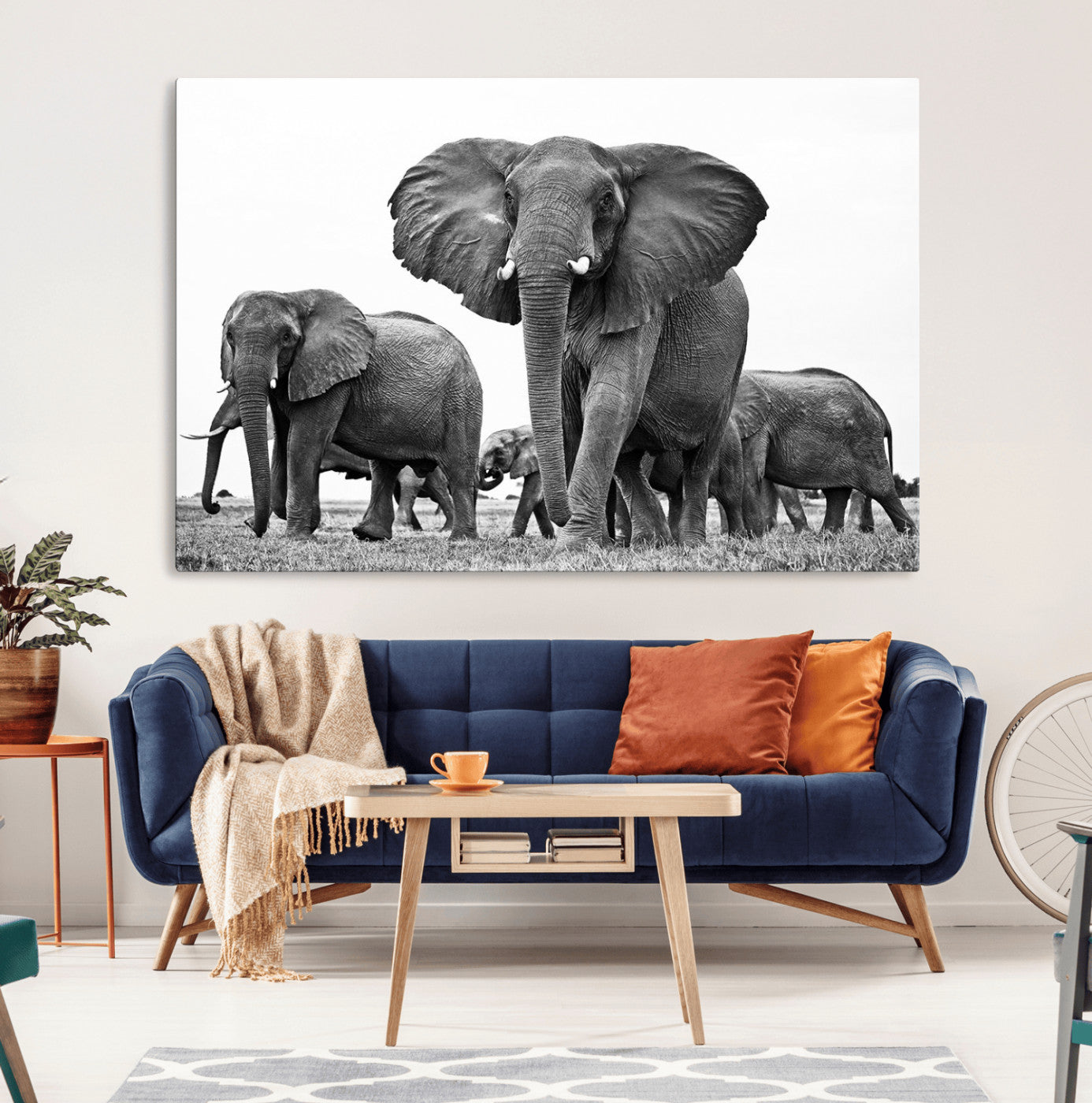 91685-MGV-CV-36X24-Elephant Herd Wall Art – Black and White Safari Canvas Print, African Wildlife Photography Decor for Living Room, Office or