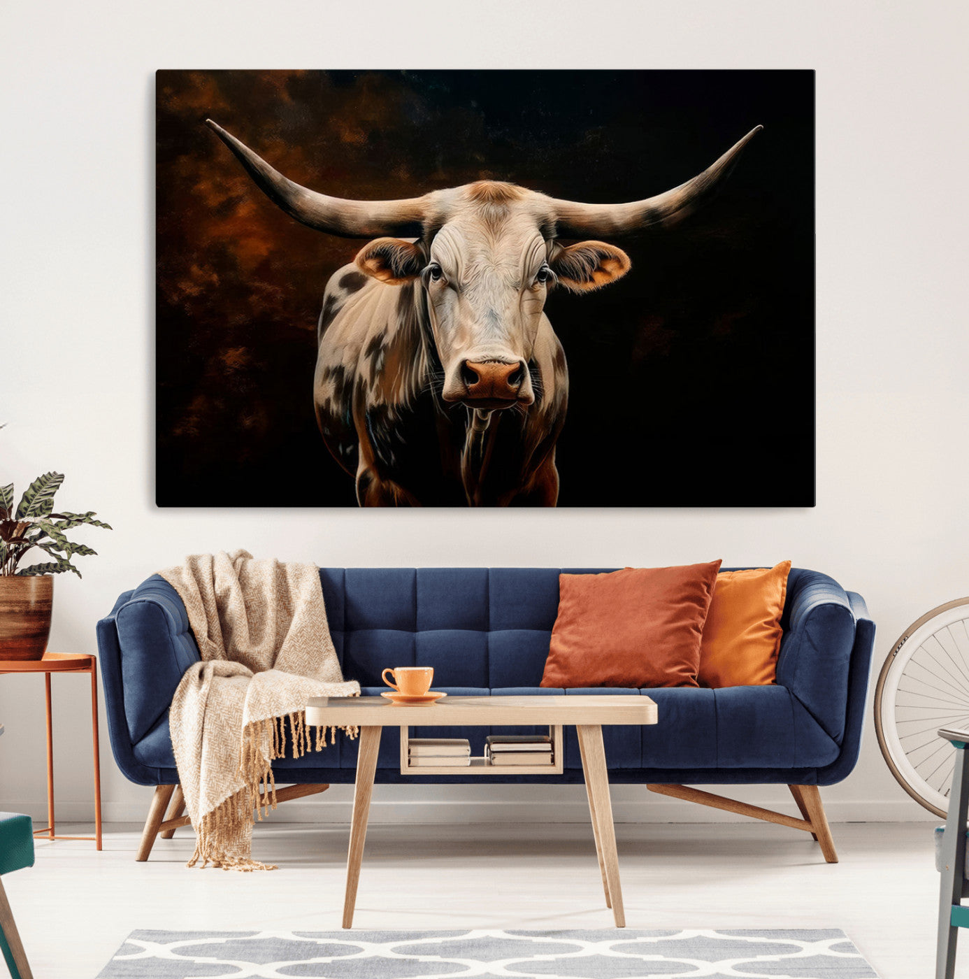 70522-MGV-CV-36X24-Longhorn Bull Wall Art – Striking Canvas Print of Majestic Bull, Premium Animal Decor for Home, Office, Man Cave, or Living Room