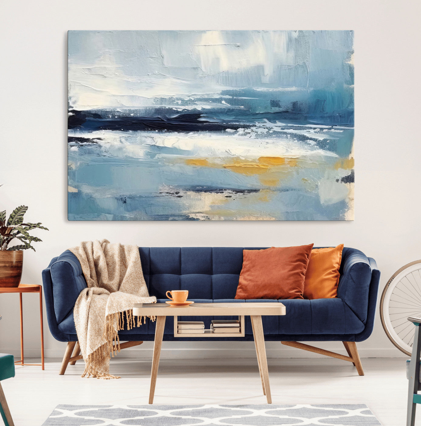 19746-MGV-CV-36X24-Abstract Ocean Wall Art – Modern Coastal Canvas Print with Blue, White and Gold Textures, Contemporary Seascape Painting for