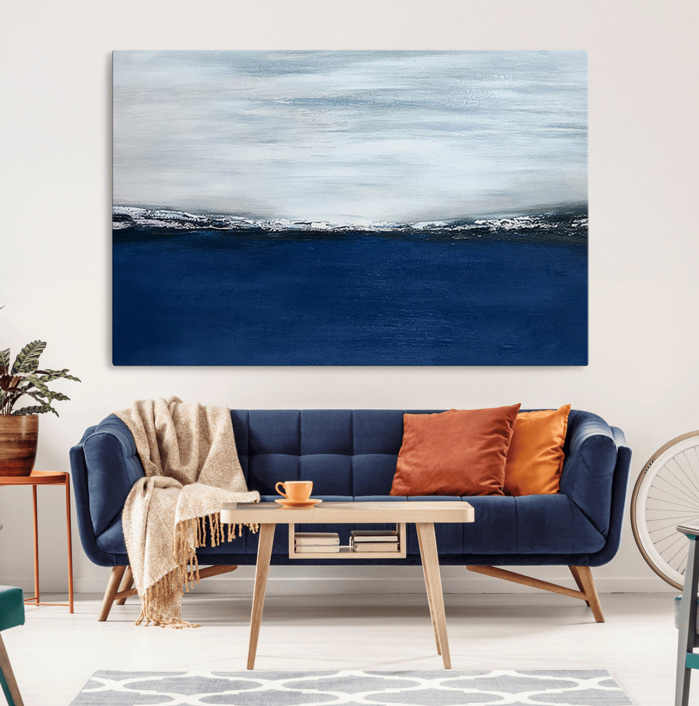62197-MGV-CV-36X24-Abstract Ocean Wall Art – Minimalist Blue and White Canvas Print, Modern Coastal Seascape Painting for Bedroom, Living Room or