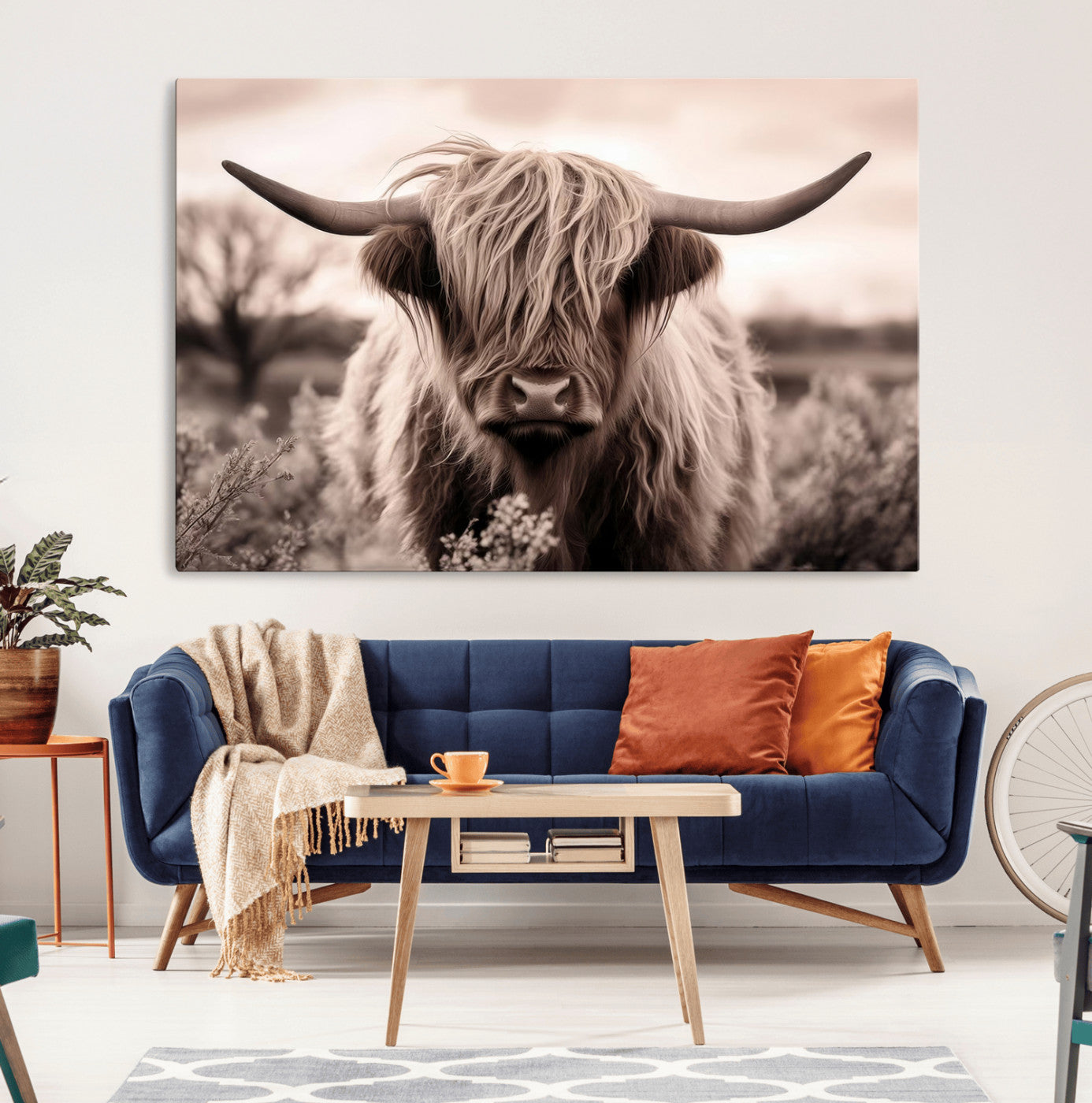 55903-MGV-CV-36X24-Highland Cow Wall Art – Rustic Sepia Scottish Highland Bull Canvas Print, Farmhouse Country Animal Decor for Living Room, Bedroom