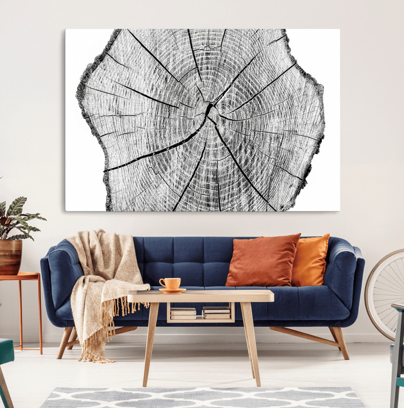 98709-MGV-CV-36X24-Tree Ring Wall Art – Black and White Canvas Print Rustic Wood Cross Section, Minimal Nature Inspired Decor for Living Room,