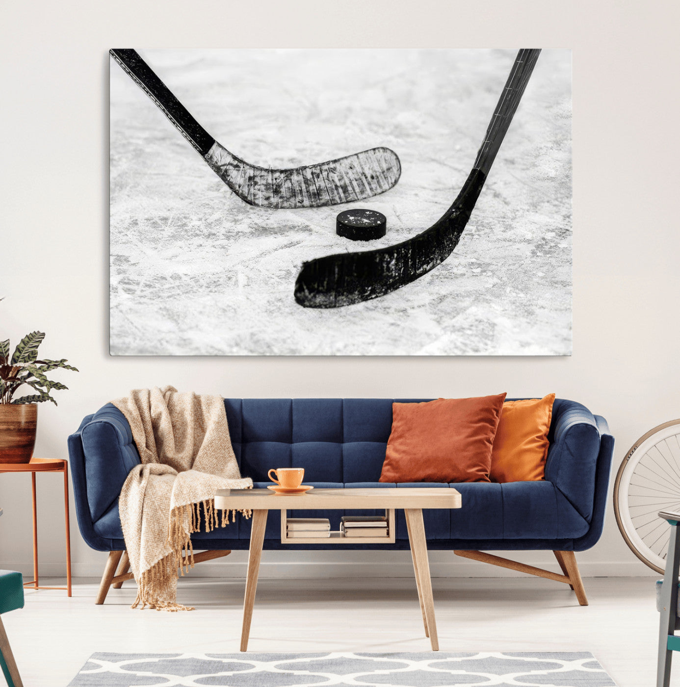 82900-MGV-CV-36X24-Hockey Wall Art – Black and White Canvas Print Ice Rink Sticks Puck Sports Photography, Modern Decor for Game Room, Man Cave,