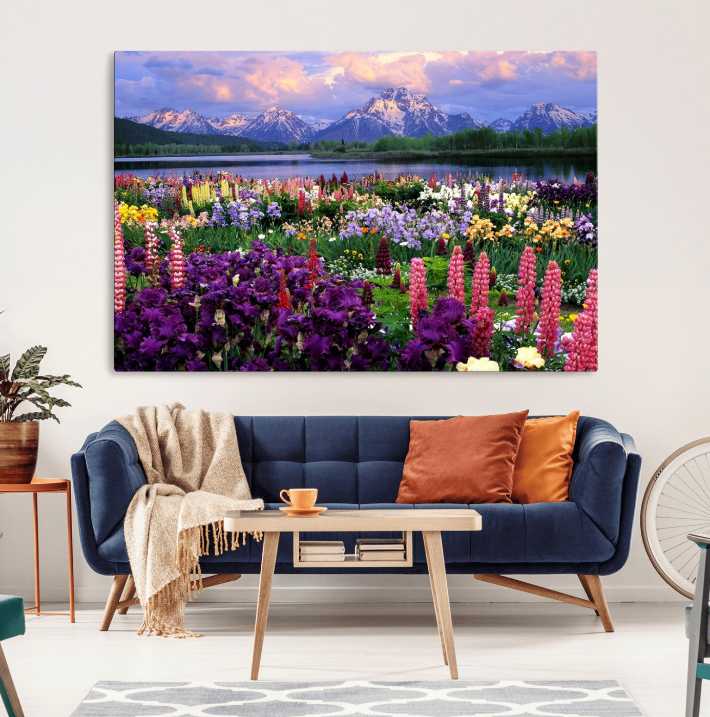 82270-MGV-CV-36X24-Colorful Wildflower Meadow Landscape Wall Art – Snow-Capped Mountain Lake Sunset Print, Vibrant Nature Artwork for Living Room,
