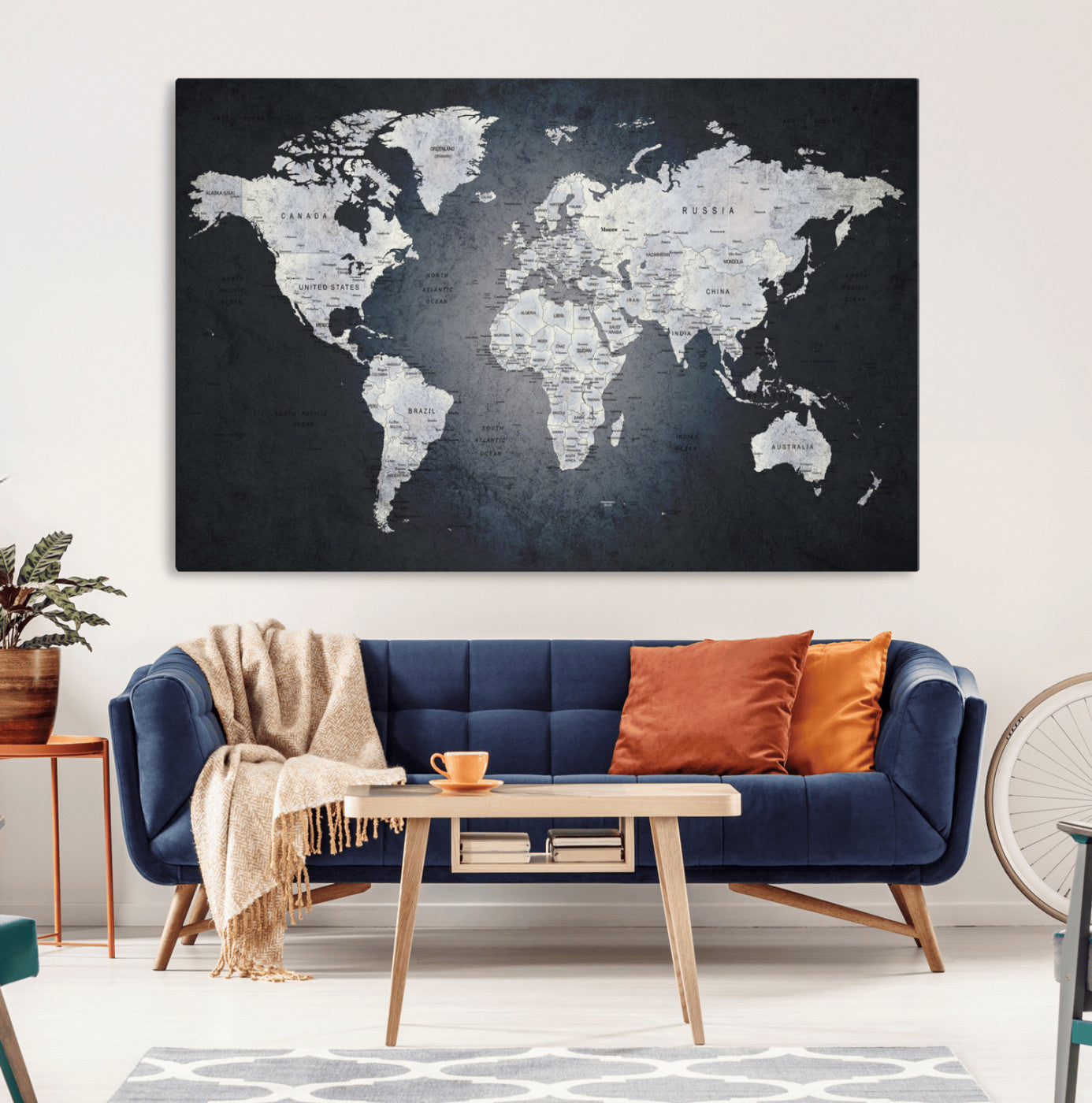 19124-MGV-CV-36X24-Modern World Map Wall Art – Black and White Canvas Print, Minimalist Global Map Decor for Office, Study, Bedroom or Living Room