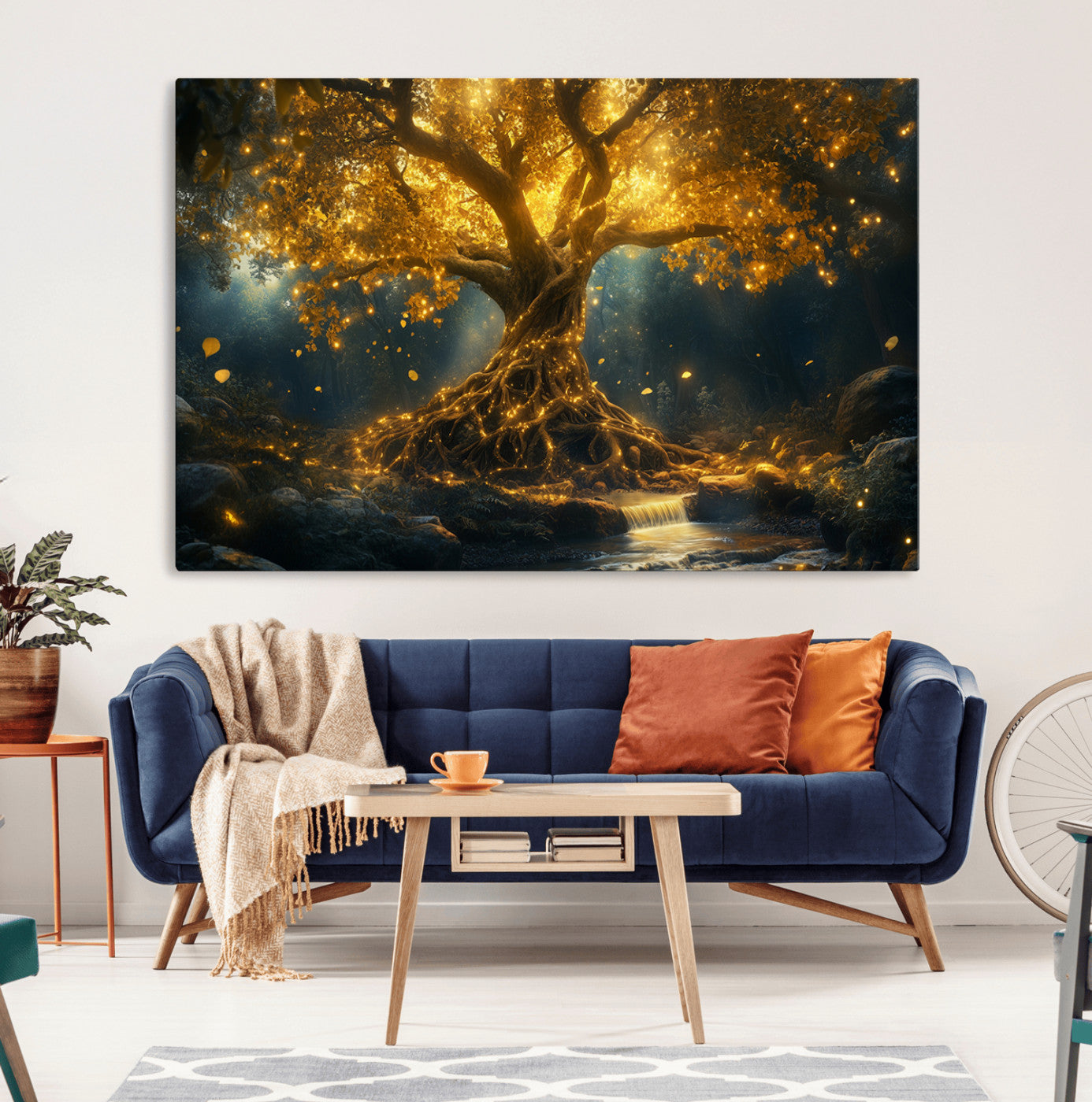 92739-MGV-CV-36X24-Glowing Tree Wall Art – Enchanted Golden Forest Canvas Print, Mystical Illuminated Nature Painting Poster for Living Room,