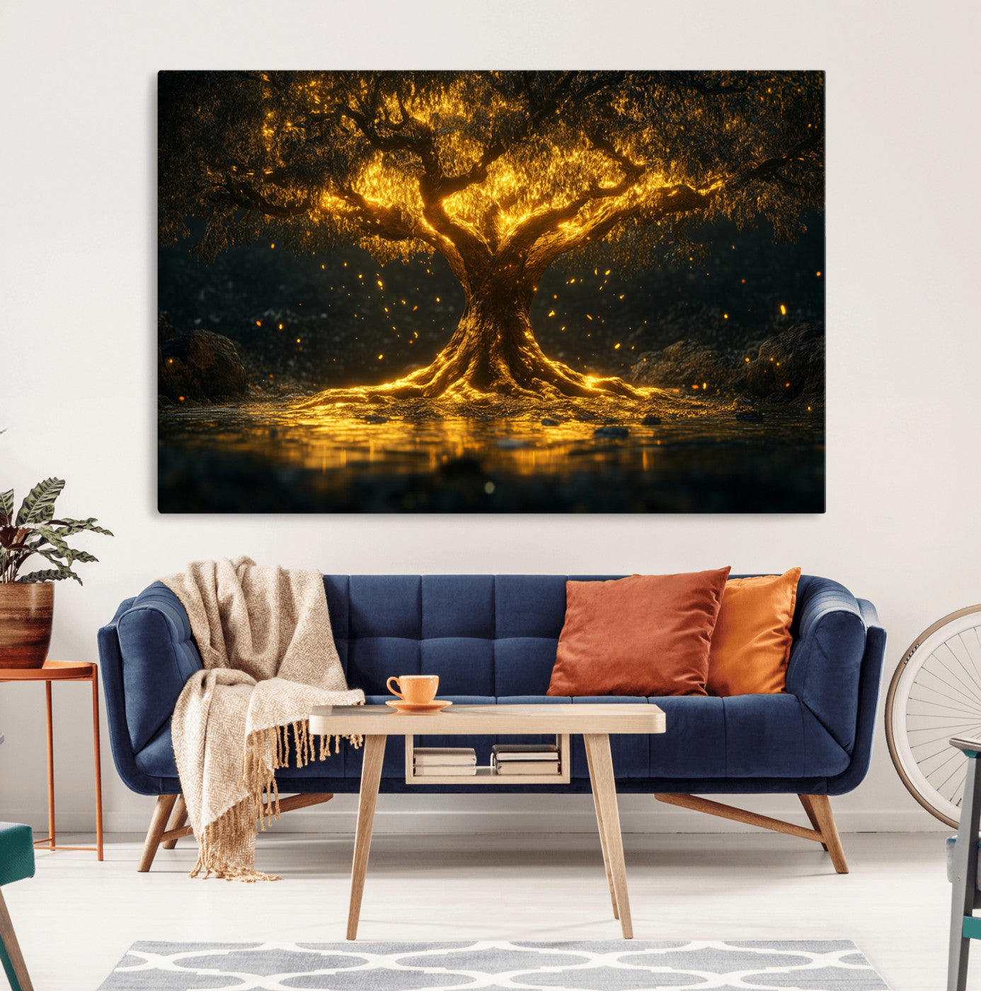 59580-MGV-CV-36X24-Glowing Tree Wall Art – Golden Fantasy Nature Canvas Print, Mystical Illuminated Tree Painting Poster for Living Room, Bedroom,