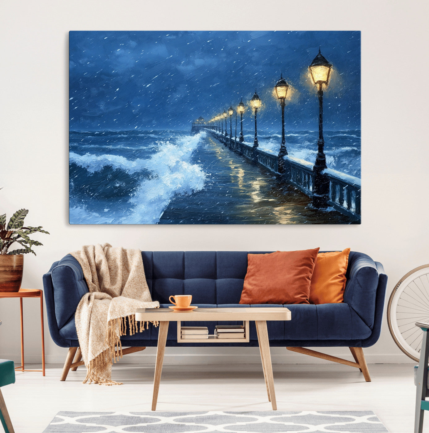 32668-MGV-CV-36X24-Stormy Pier Wall Art – Ocean Waves and Street Lamps Canvas Print, Rainy Night Seascape Oil Painting Poster for Living Room,