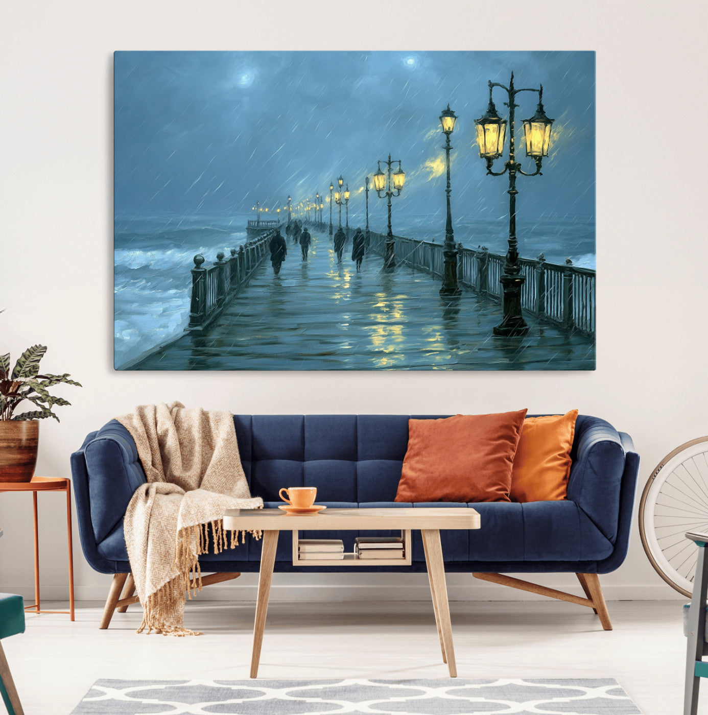 79606-MGV-CV-36X24-Rainy Pier Night Wall Art – Ocean Waves and Street Lamps Canvas Print, Moody Seascape Oil Painting Poster for Living Room,
