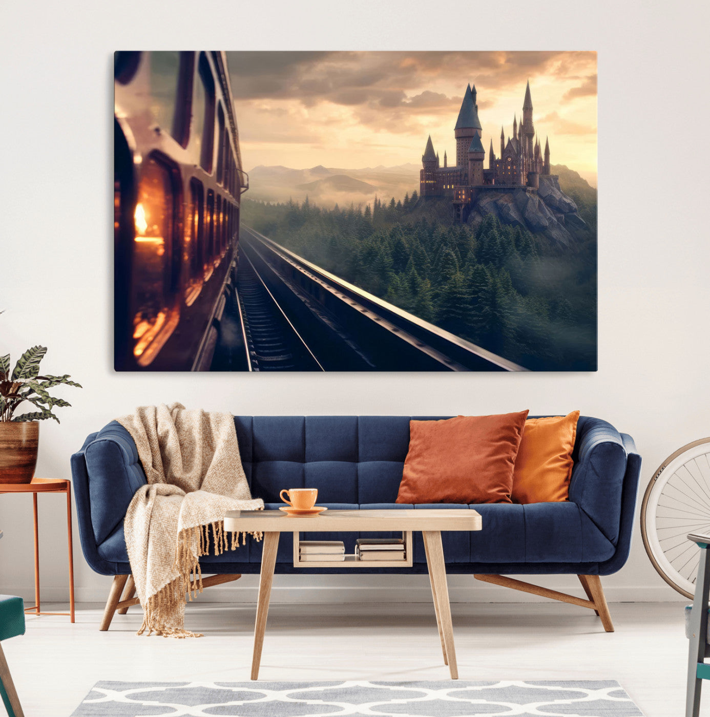 84029-MGV-CV-36X24-Fantasy Castle Wall Art – Magical Train Sunset Forest Canvas Print, Enchanted Landscape Painting Poster for Living Room, Bedroom,