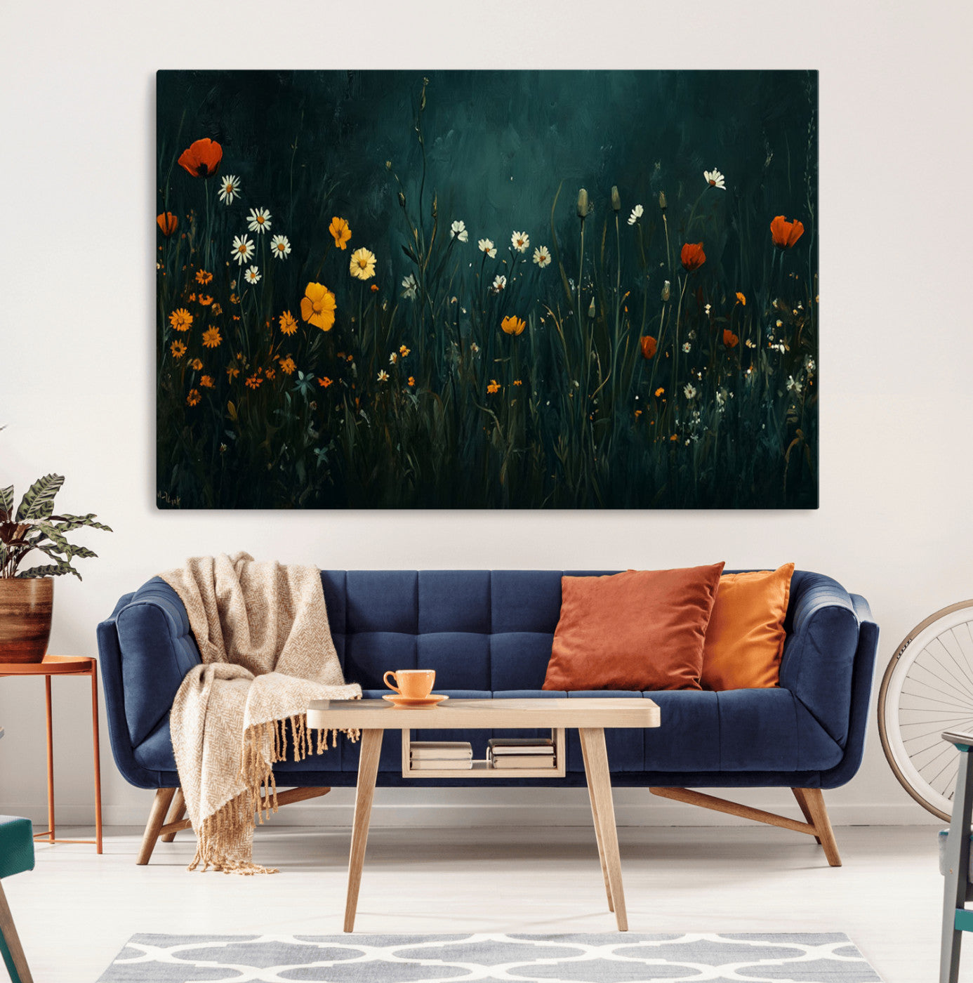 87037-MGV-CV-36X24-Wildflower Wall Art – Dark Botanical Floral Canvas Print, Modern Nature Painting Poster with Daisies Poppies Orange Flowers for