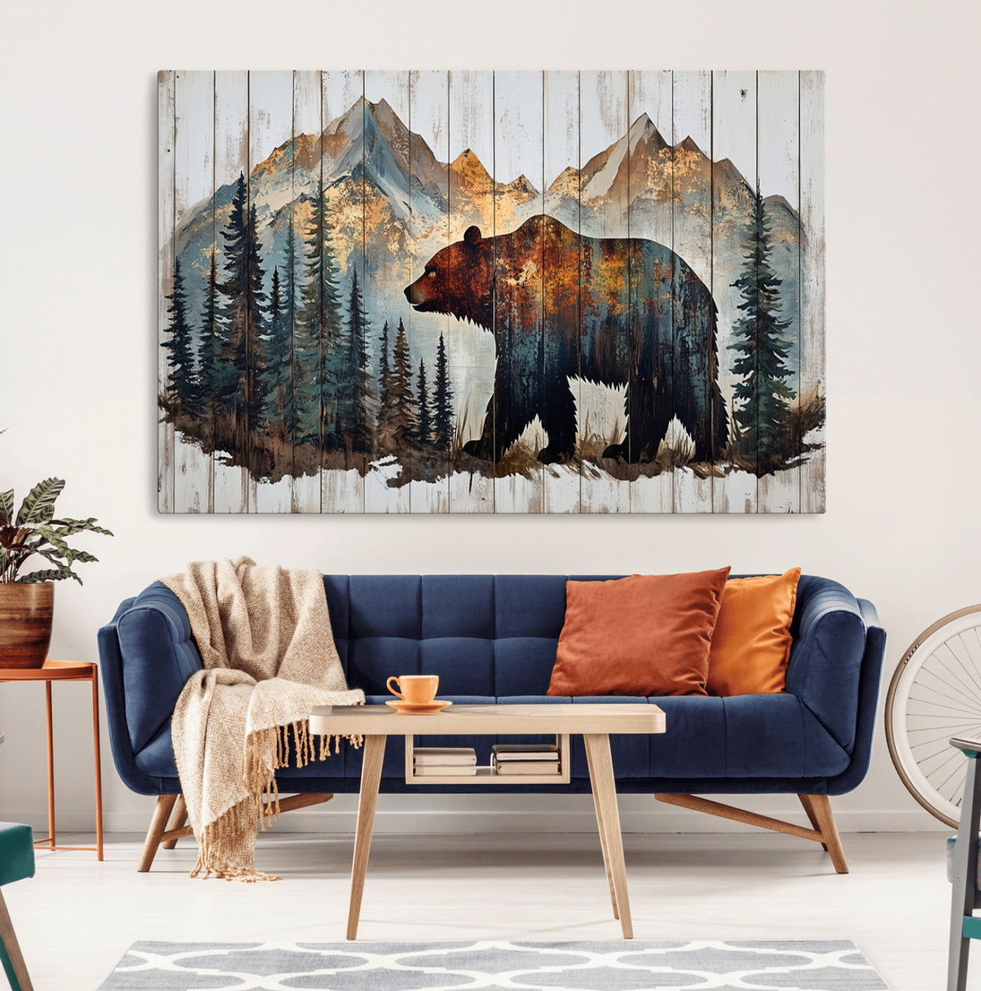 55777-MGV-CV-36X24-Rustic Bear Wall Art Canvas Print, Framed Mountain and Forest Art Picture Print, Wooden Bear Perfect Rustic Lodge Decor Artwork