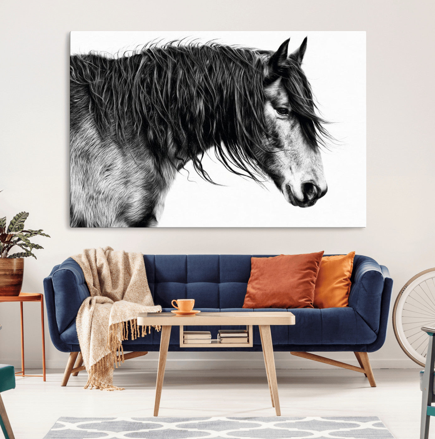 57694-MGV-CV-36X24-Horse Portrait Wall Art – Black and White Canvas Print with Detailed Stallion Profile, Rustic Farmhouse Equestrian Artwork for
