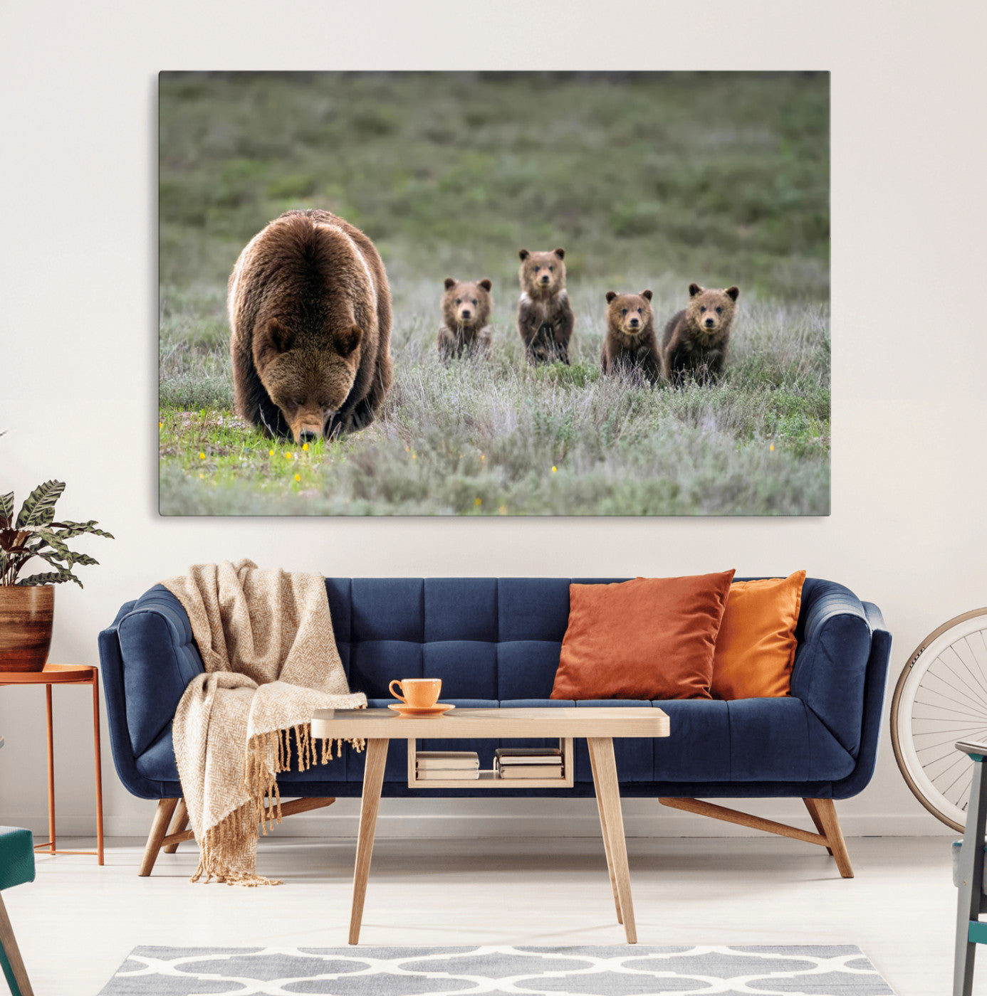 65087B-MGV-CV-36X24-Bear Family Wall Art – Wildlife Canvas Print Featuring Mother Bear with Cubs in Nature, Rustic Animal Artwork for Living Room,