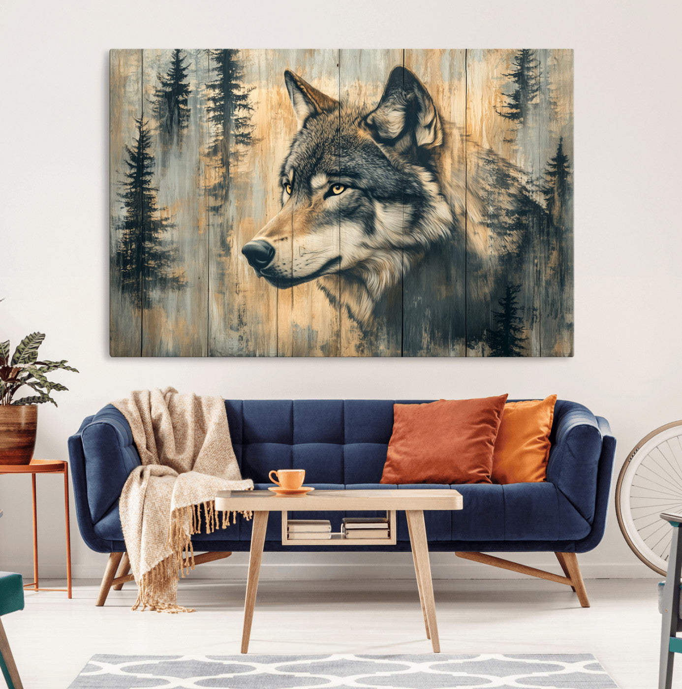 51892-MGV-CV-36X24-Wolf Wall Art – Rustic Canvas Print of Wolf with Forest Trees on Wood Texture, Wildlife Lodge Artwork for Living Room, Bedroom,